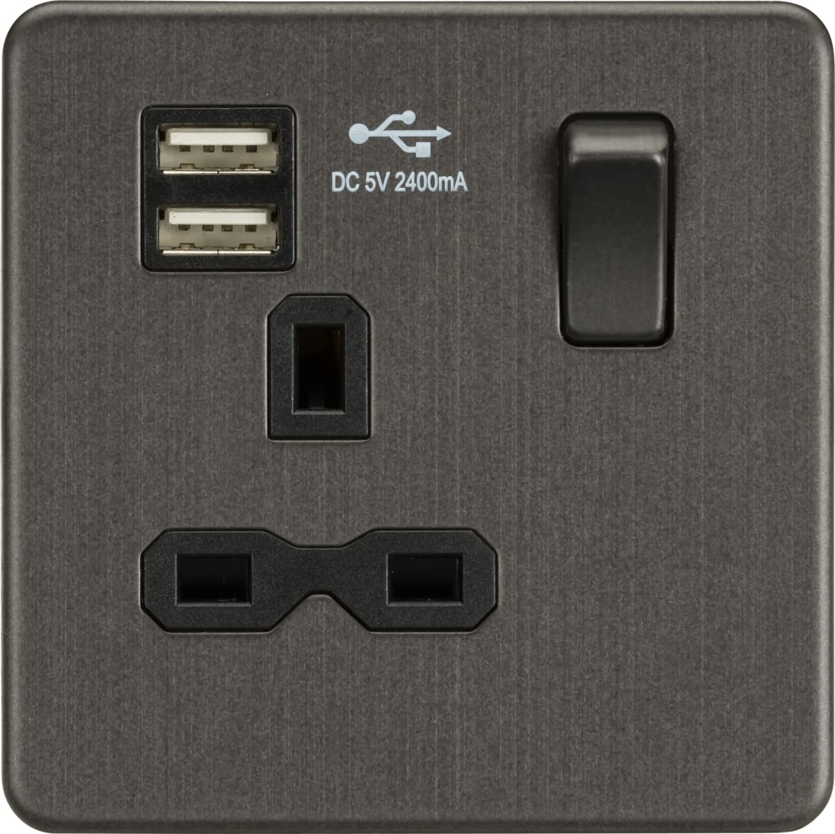 Knightsbridge Smoked Bronze Screwless 13A 1G Switched Socket With Dual Usb Charger; 2.4A