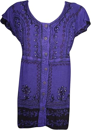Mogul Interior Womens Purple Blouse Top Embroidered Bohemain Shirt S/M