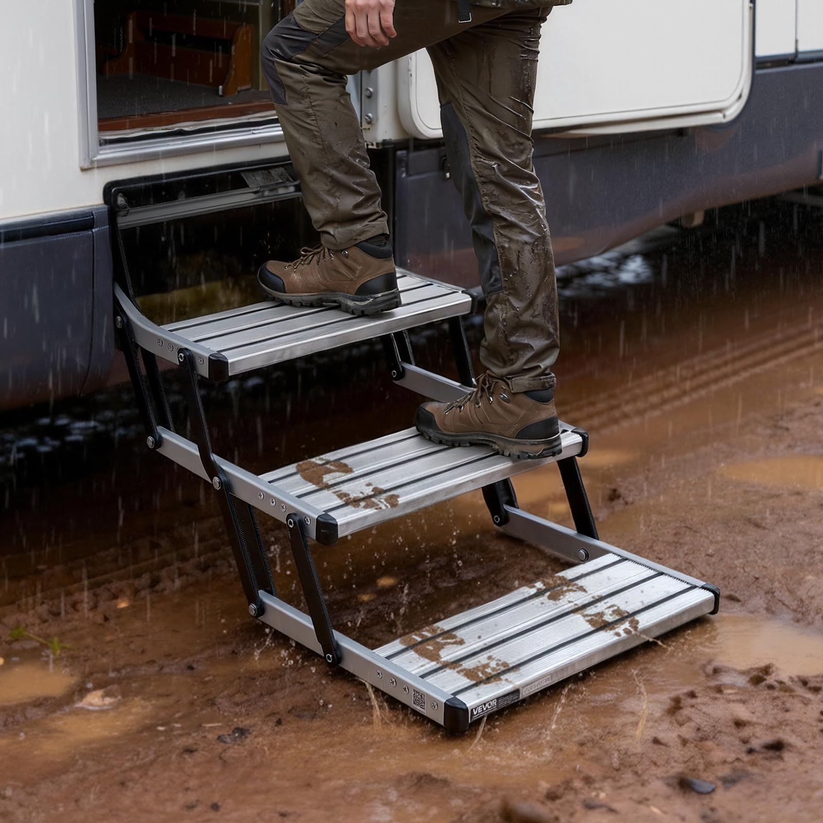 VEVOR Escalier Pliable à 3 Marches, Marchepied Rétractable Manuel,Structure en Acier, Marches Télescopiques Antidérapantes en Alliage d'Aluminium, pour Camping-Car Caravane Remorque, Capacité 200 kg