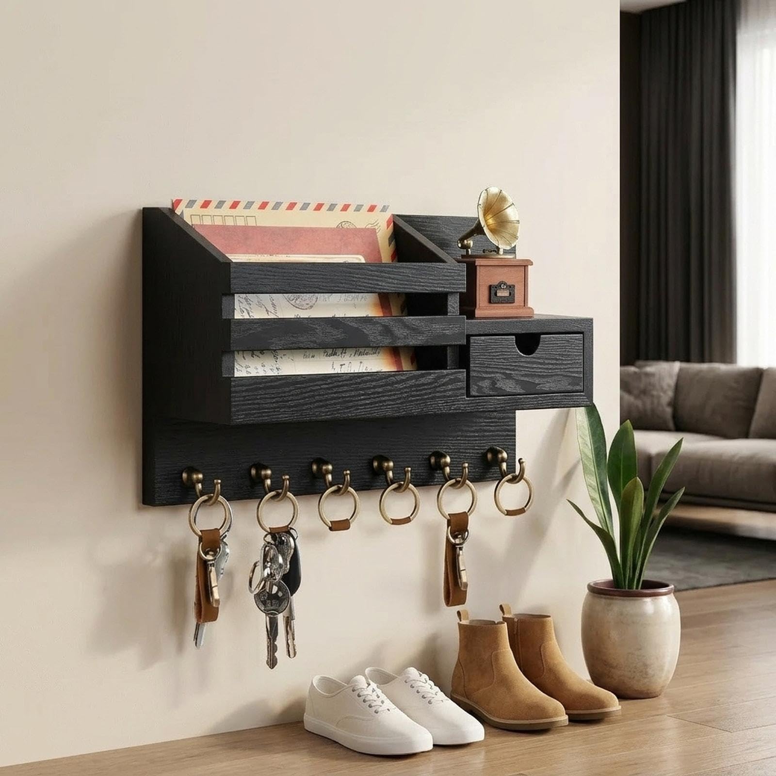 rockible Porte-clés Mural Organisateur de Courrier Étagère En Bois avec Crochets pour Rangement de Clés Courrier Objets Du Quotidien Adapté à Entrée Chambre Cu, Noir