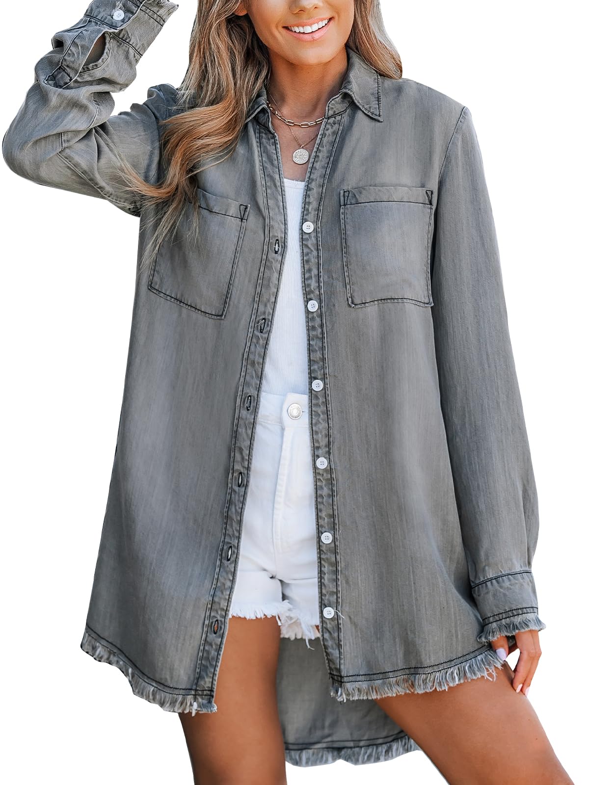 CUPSHE Women's Denim Shirt V Neck Button Placket Chest Pockets Asymmetrical Denim Blouse Shirt Blouses Denim Shirt Dress
