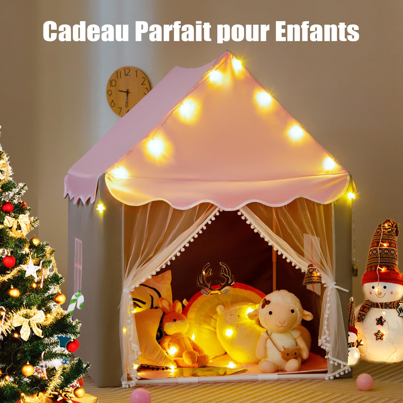 COSTWAY Tente de Jeux pour Enfants avec Lumières Étoiles & Tapis Lavable en Coton, Cabane Enfant Interieur avec Rideau & 2 Fenêtres, Château de Princesse Tente pour 4 Enfants, 104x122x135 cm