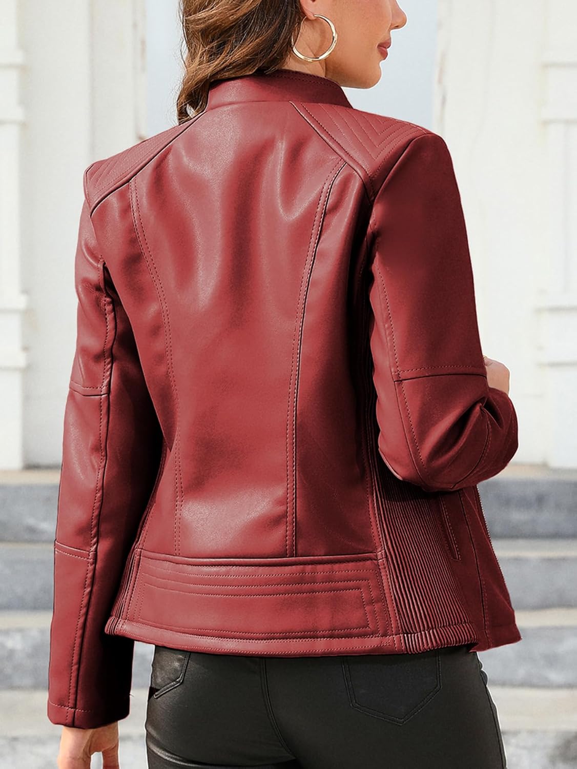 Bellivera Faux Leather Jacket Women Motorcycle Zipper Bomber PU Bike Coat with Pockets - Image 2