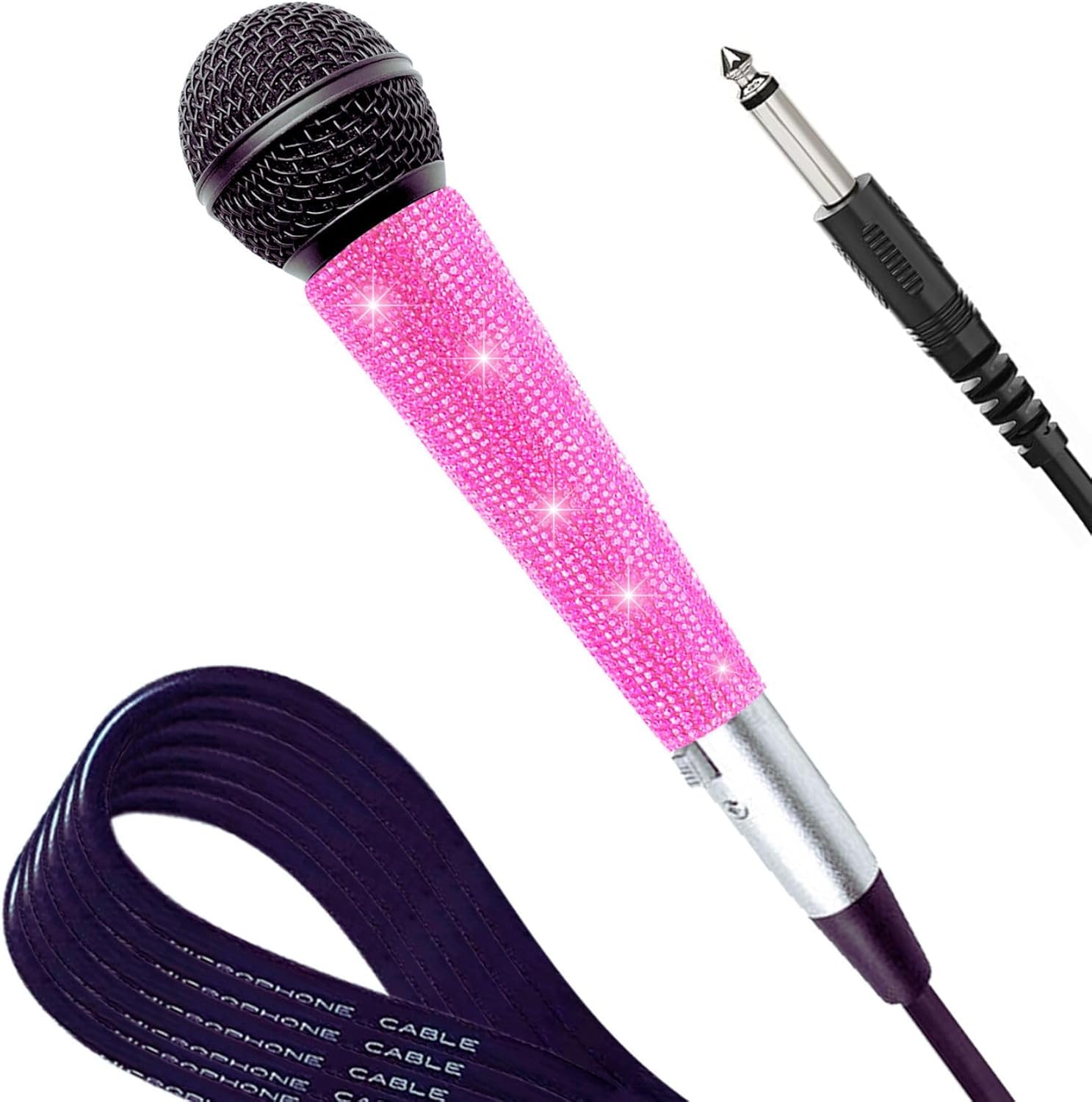 XLR Vocal Microphone with Black Full Metal Body and Sparkly Pink Cover for Wire Mic Decoration and Protection
