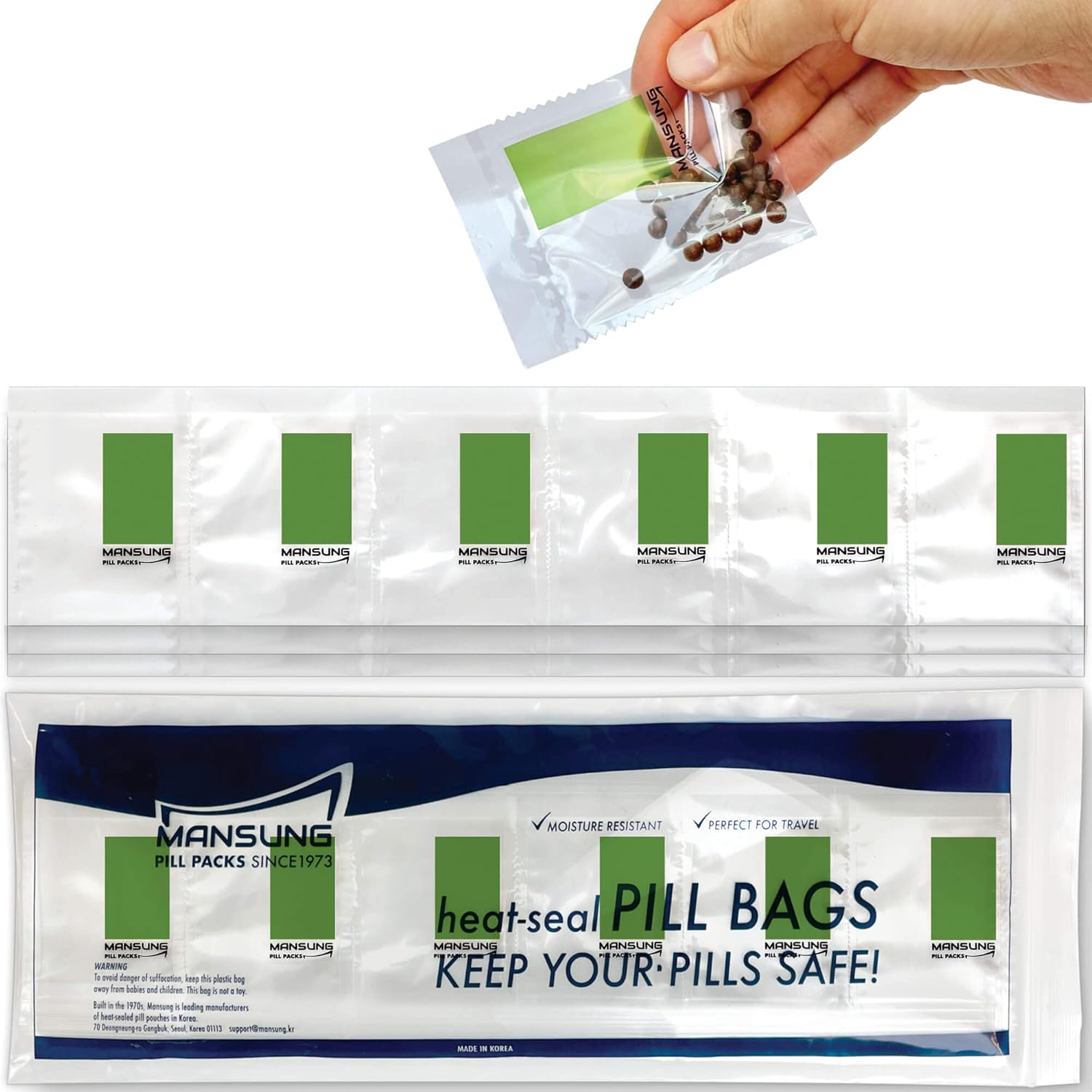 Mansung M 600 Bags/Green, Heat Seal Pill Bags, Suite, Sorter Organizer for Medication, Food Safe, BPA Free Heat Seal Bag pouche Pack Organizer Dispenser kit Daily Blister Packs Use with Tray, AM PM