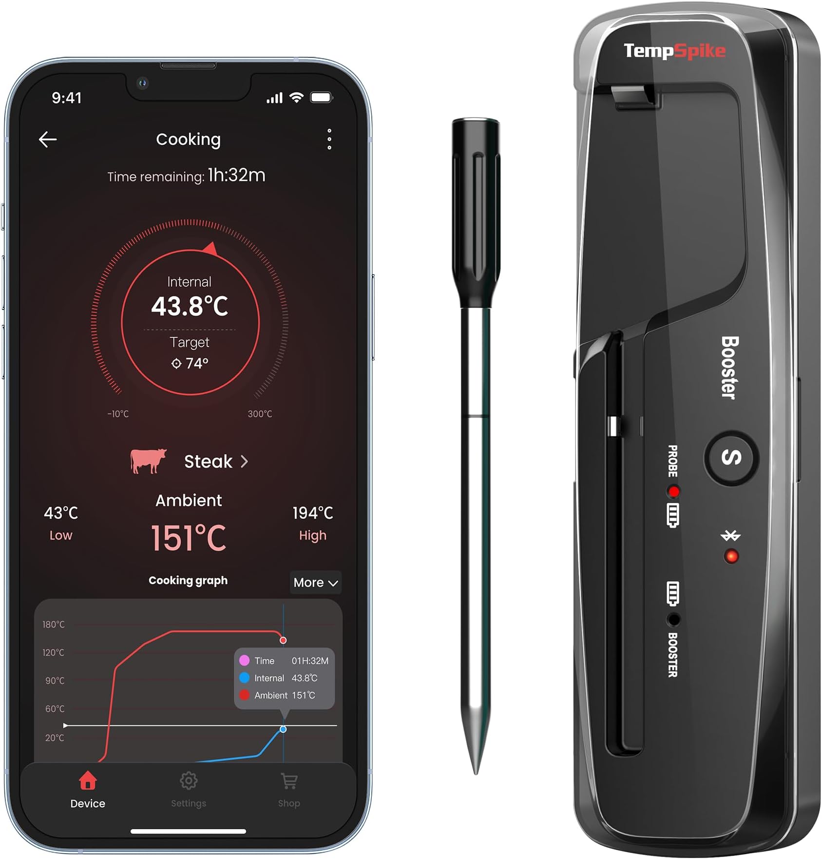 TempPro 150M Wireless Meat Thermometer Grilling，Bluetooth Meat Thermometer with Temperature Alarm，Digital Cooking Thermometer Oven，Grill，Kitchen，BBQ，Smoker & Air Fryers，Black，150M Range