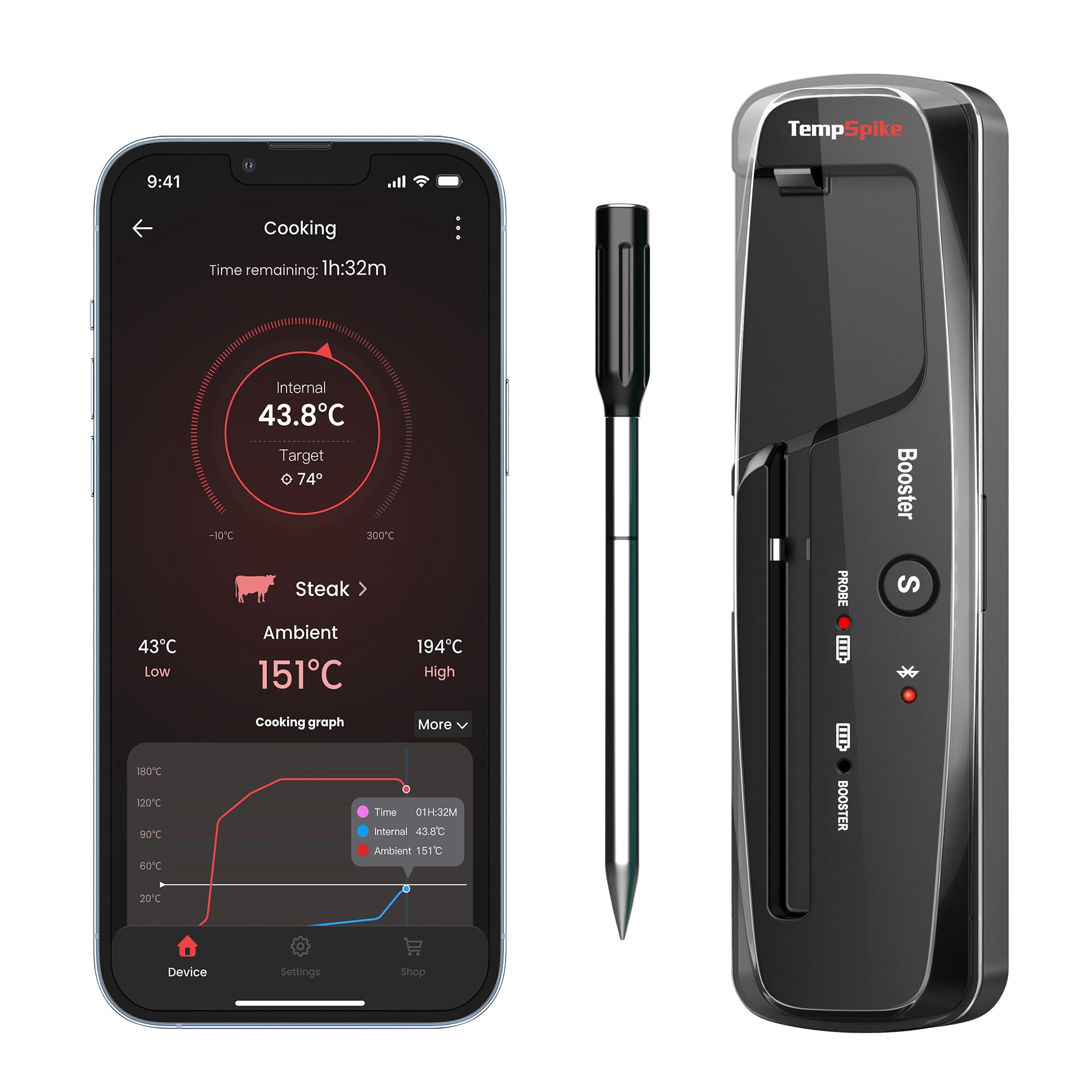 ThermoPro TempPro TempSpike bezprzewodowy termometr do mięsa, Bluetooth, IP67, miernik temperatury rdzenia, TP961, 150 m, do piekarnika, grilla, rożna, bezpieczny w zmywarce