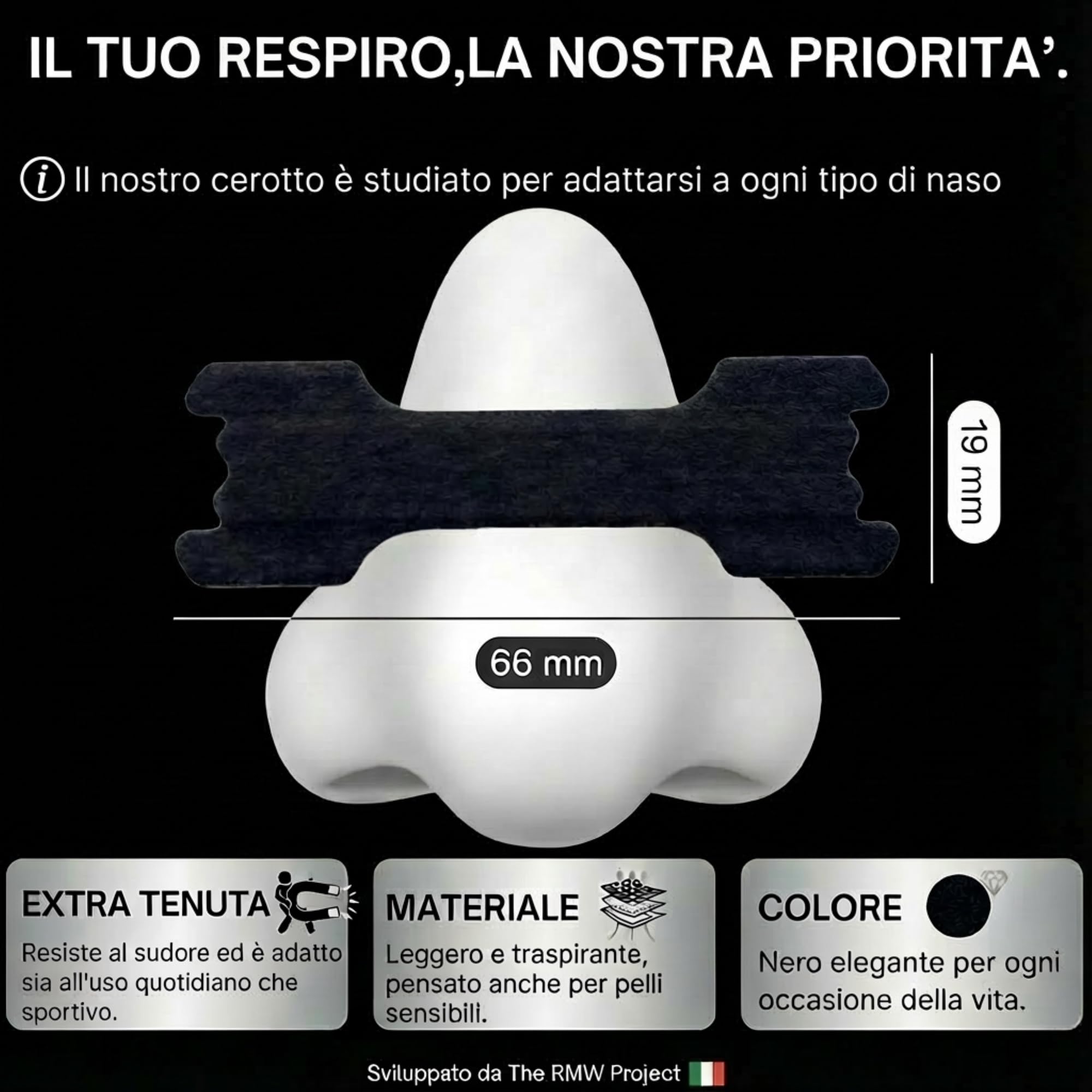 Cerotti Nasali Anti Russamento Uomo e Donna. 30 Cerotti Nasali Antirussamento Qualità Superiore. Cerotti Nasali Sport Respira Bene, Dimensioni Universali. Tenuta extra,Marca Italiana.(Nero)
