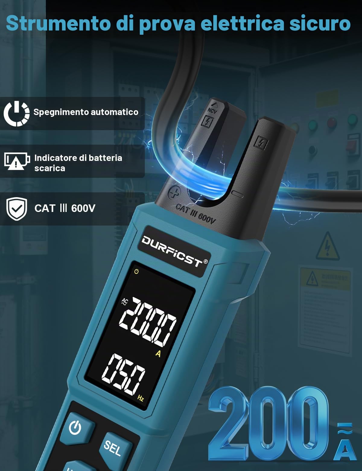DURFICST Pinza Amperometrica TRMS 4000 Conteggi, con AC/DC 200 A & 600 V | Digitale Pinza Amperometrica AC DC con Test NCV, Continuità, Misurazione di Capacità e Temperatura