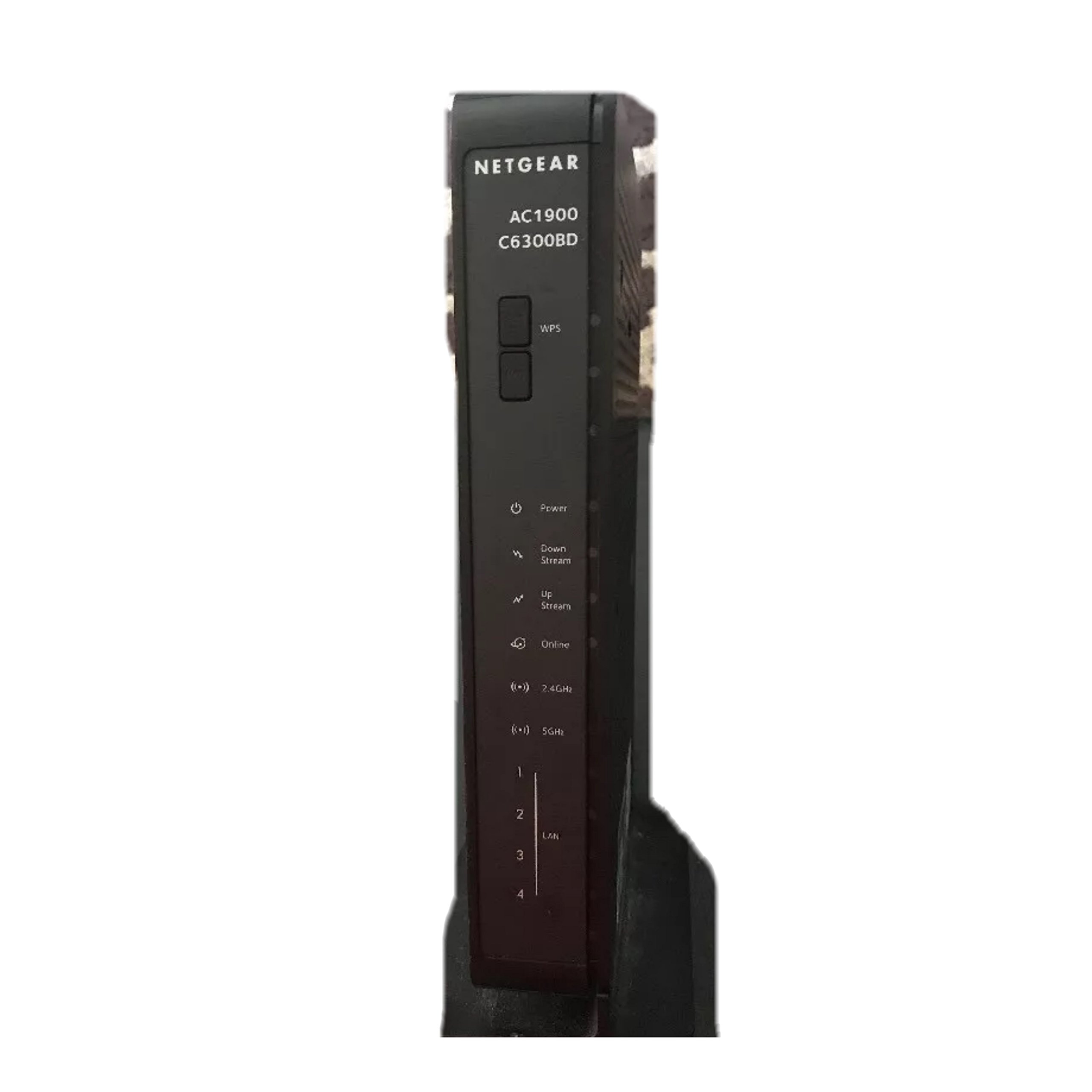 Передний view of the NETGEAR AC1900 WiFi Modem-Dual Band (C6300BD) showing LED indicators and branding.