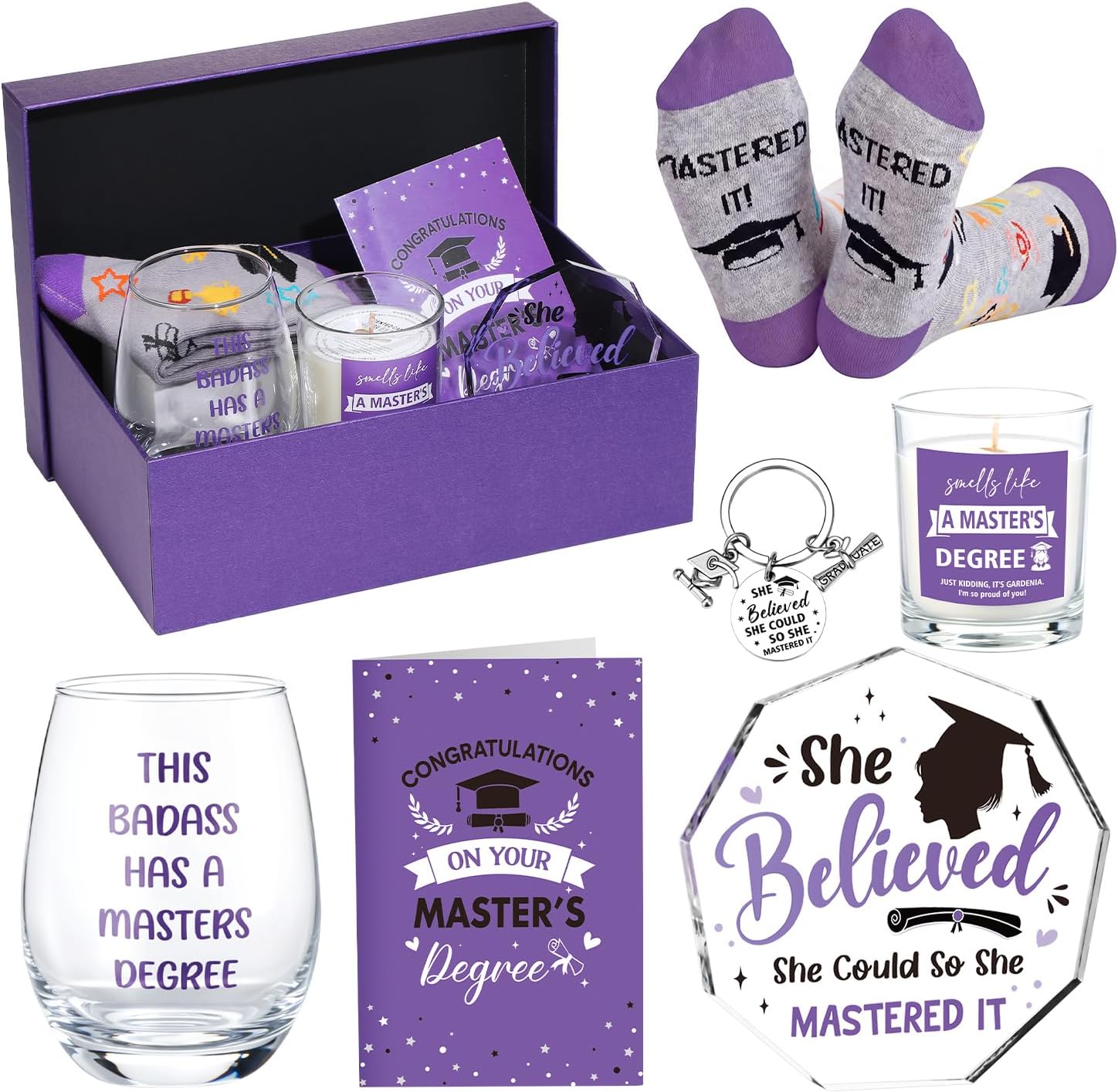 7 Pcs Masters Graduation Gifts Set for Her Stemless Wine Glass, Candle, Keychain, She Believed She Could So Mastered It Acrylic Keepsake, Socks, Card & Gift Box for Women(Stylish,Purple)