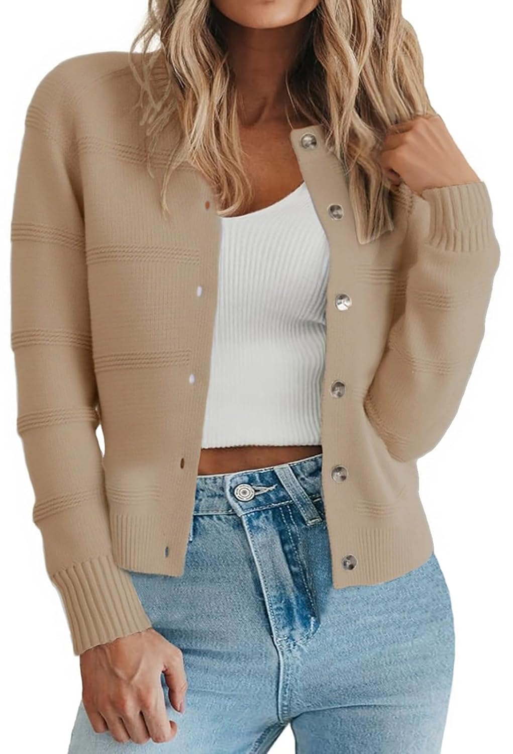 PrinStory Womens Long Sleeve Crew Neck Cardigan Classic Retro Button Open Front Casual Knit Shrugs Sweaters S-2XL