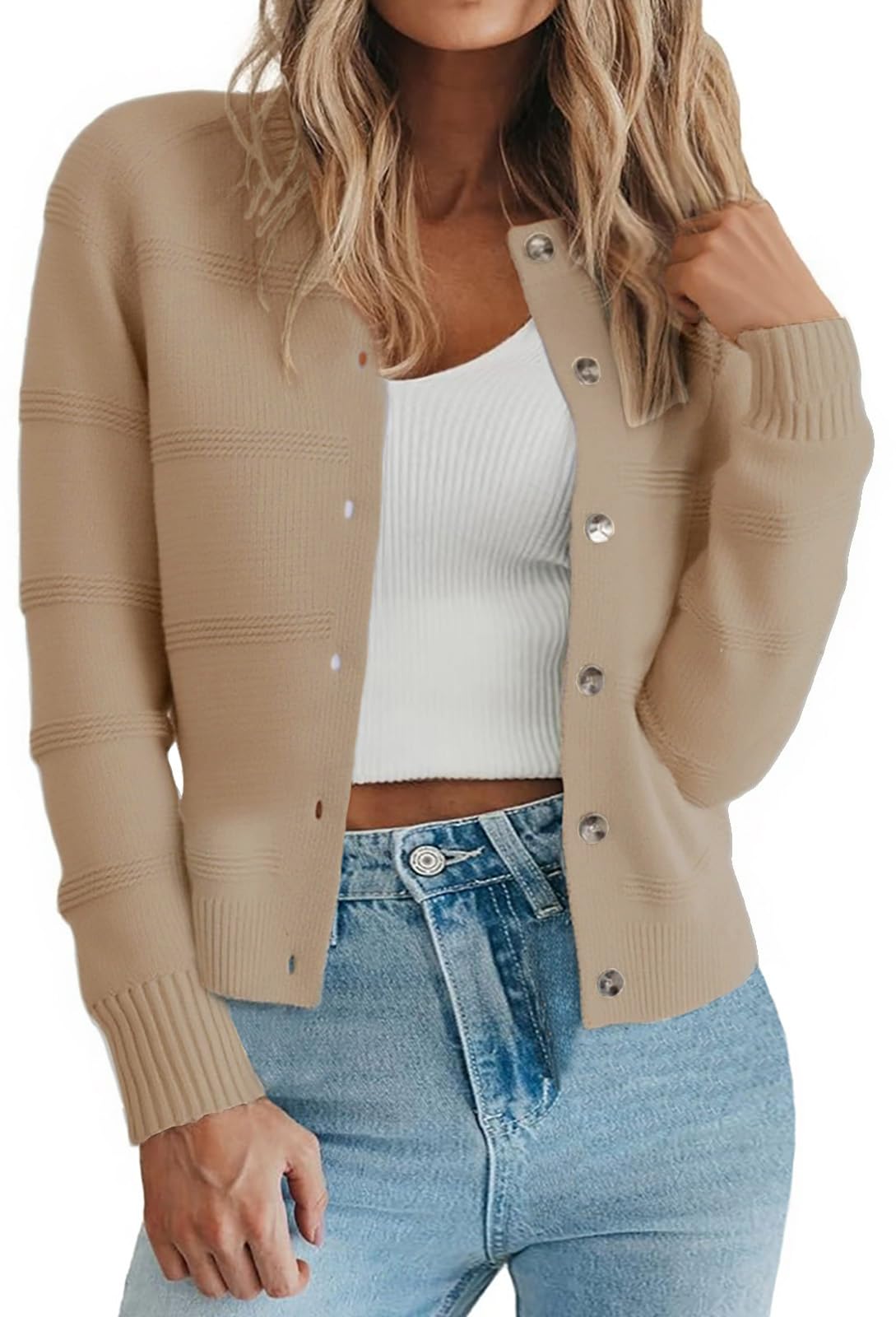 PrinStory Womens Long Sleeve Crew Neck Cardigan Classic Retro Button Open Front Casual Knit Shrugs Sweaters S-2XL
