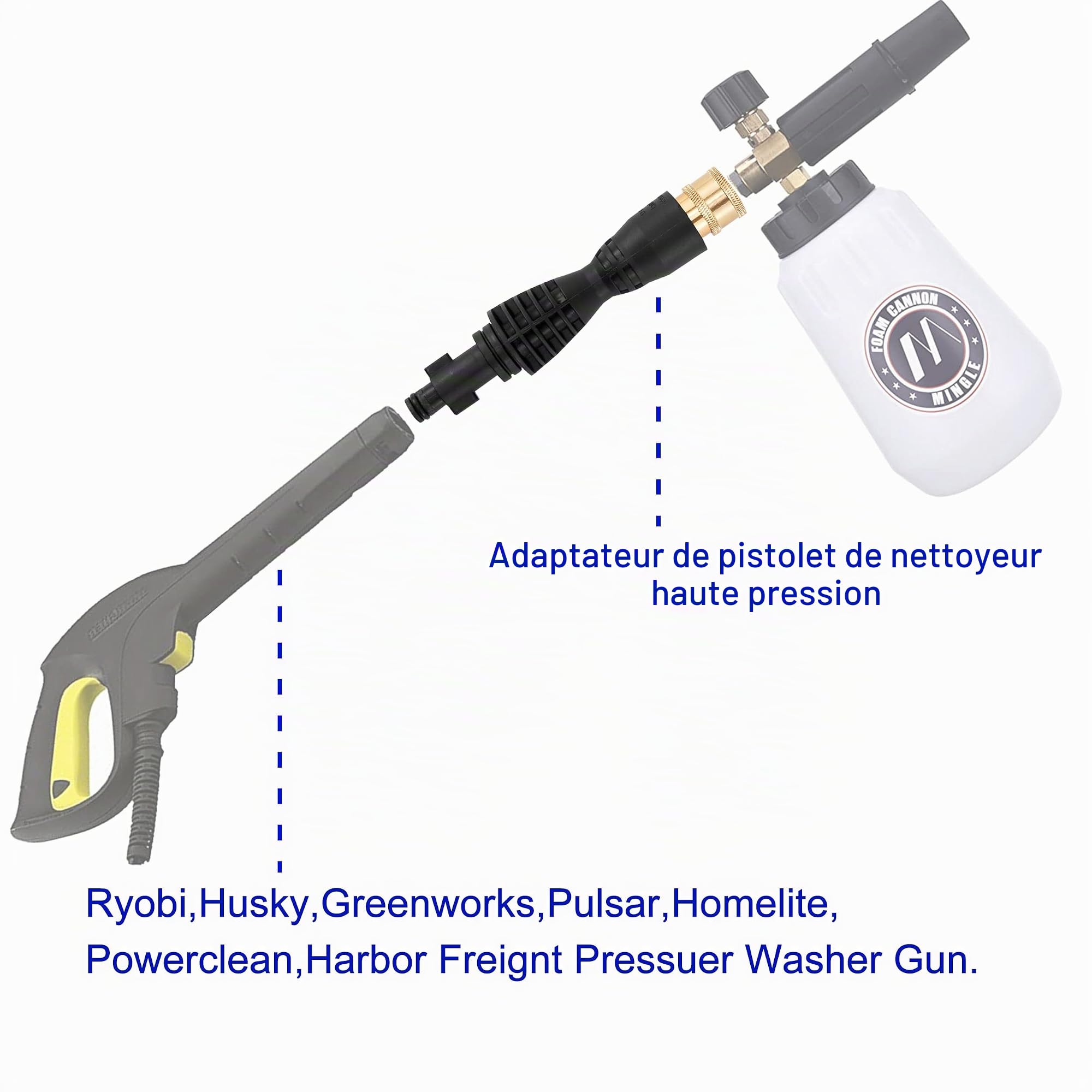 M MINGLE Canon à Mousse, Compatible Portland Husky et Ryobi Haute Pression | Pistolet à Mousse Réglable 1 Litre, 5 Buses et Adaptateur, Raccord Rapide 1/4", pour Nettoyer Voitures, Motos, Allées, 210bar
