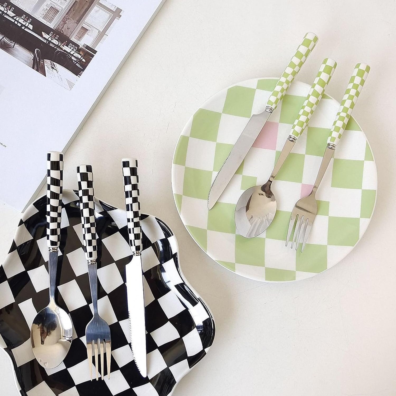 Checkered Pattern Stainless Steel Flatware Set, Black and White, Kitchen Utensils with Ceramic Handle, Dining Cutlery Collection (12 Pieces in Black)