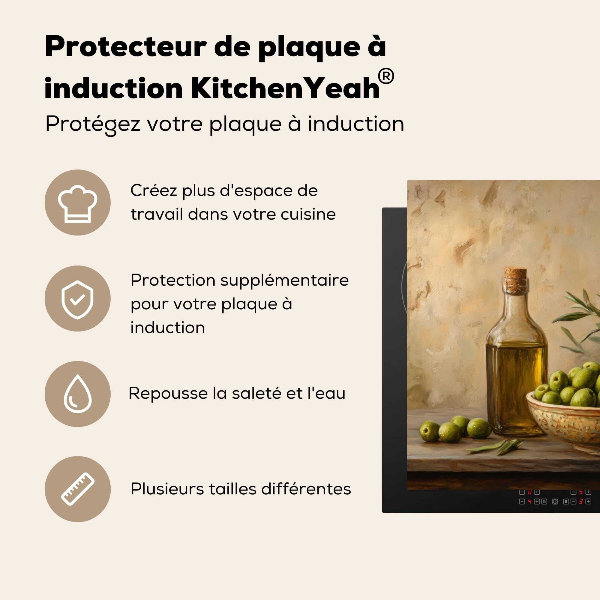 KitchenYeah© Protège Plaque Induction 60x52 cm Deco Cuisine Accessoire Pratique Protection De Vitroceramique Kitchen Gadget Olives - Nature Morte - Vintage