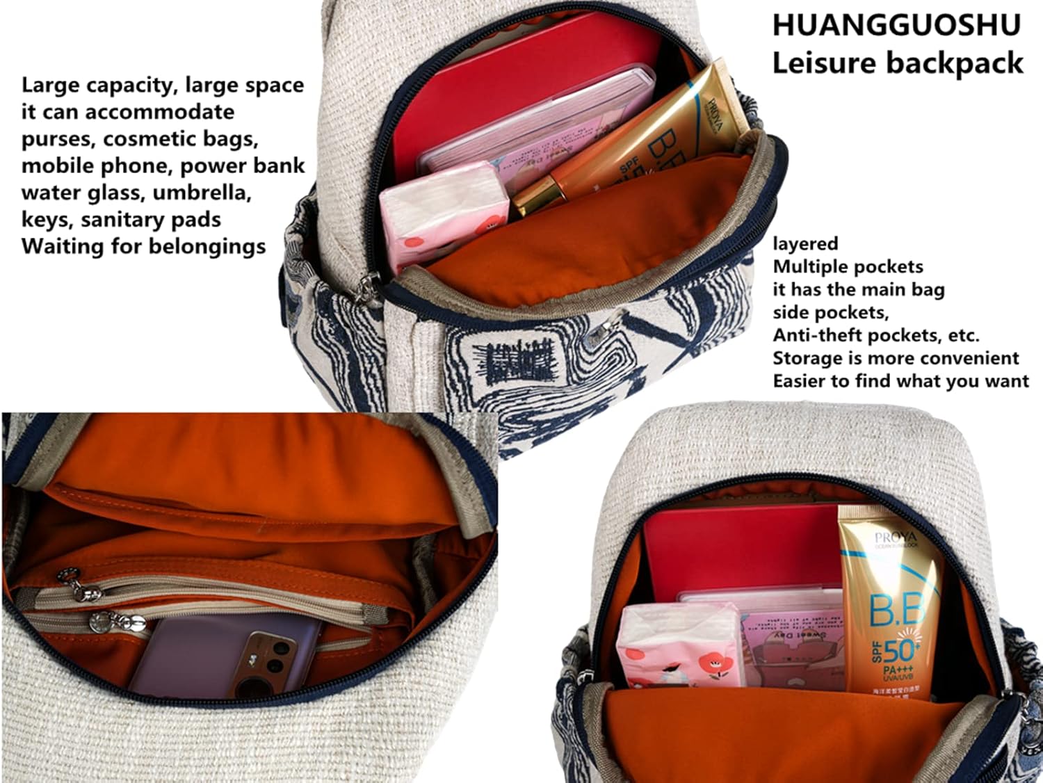 HUANGGUOSHU Boho and Bohemian Small Canvas Backpack Purse for Women - Adjustable Carry Sling Bag, Embroidered and Woven Tapestry Patterns Pumpkin - Image 4