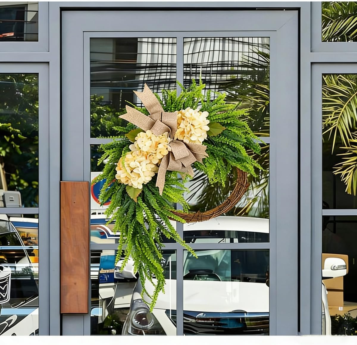 Spring Wreath for Front Door, Farmhouse Summer Wreath with Greenery Cream Flowers and Linen Bow, Asymmetrical Floral Wreath for Porch Entryway Wall Decor (#4PCS)