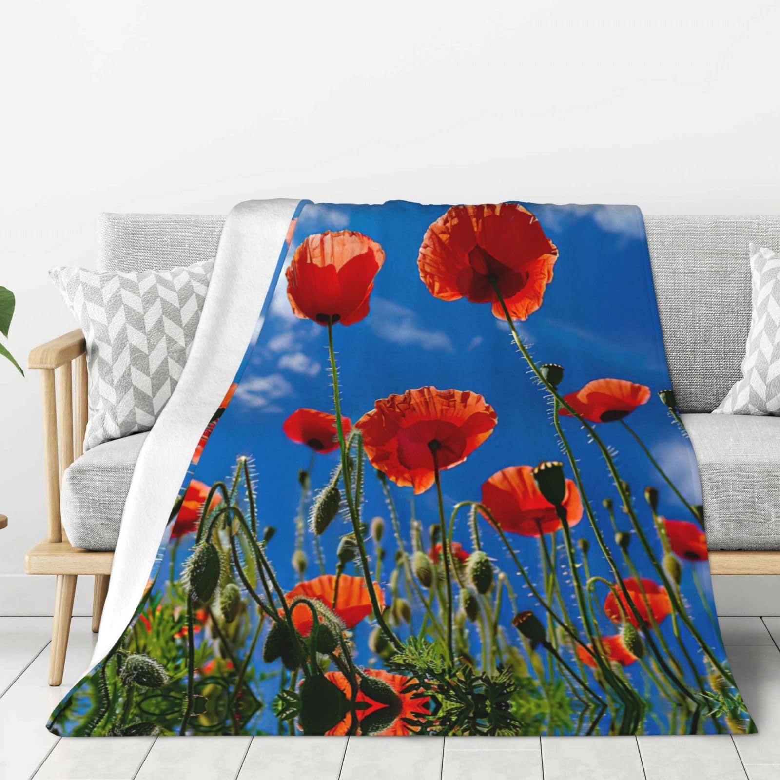 Couverture en flanelle coquelicots imprimée 150x200cm plaid doux pour lit et canapé