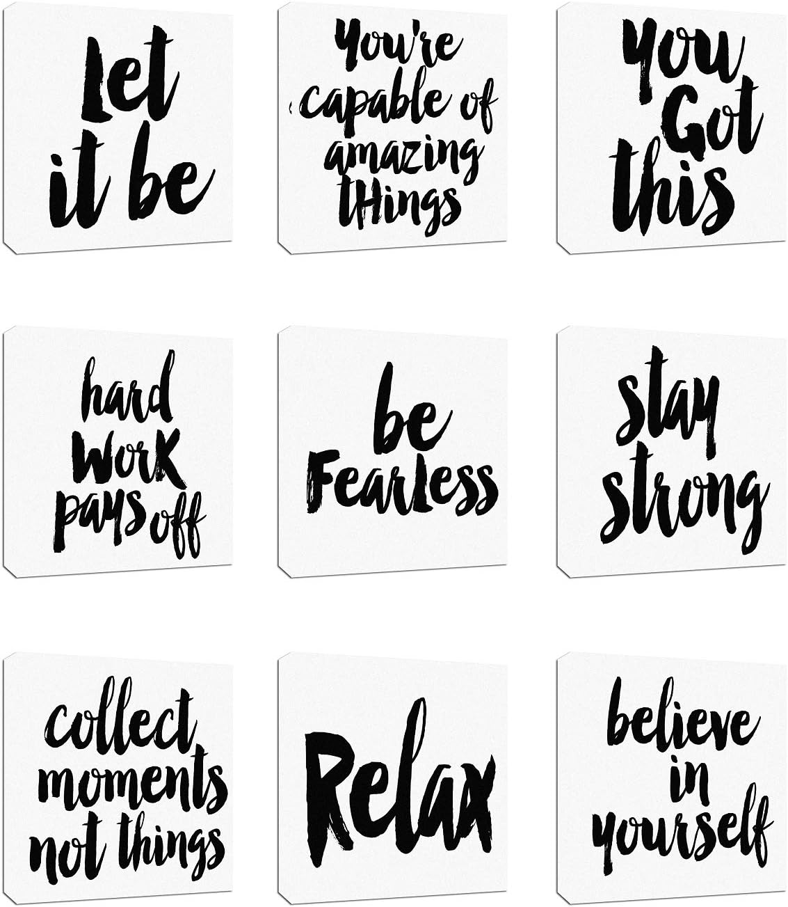 9Pcs 8x8" Canvas Stretched Wood Framed Motivational Inspirational Quotes Letter Words believe in yourself Theme Combine for Home Room Office Wall Decor (20x20cm) (37-45)