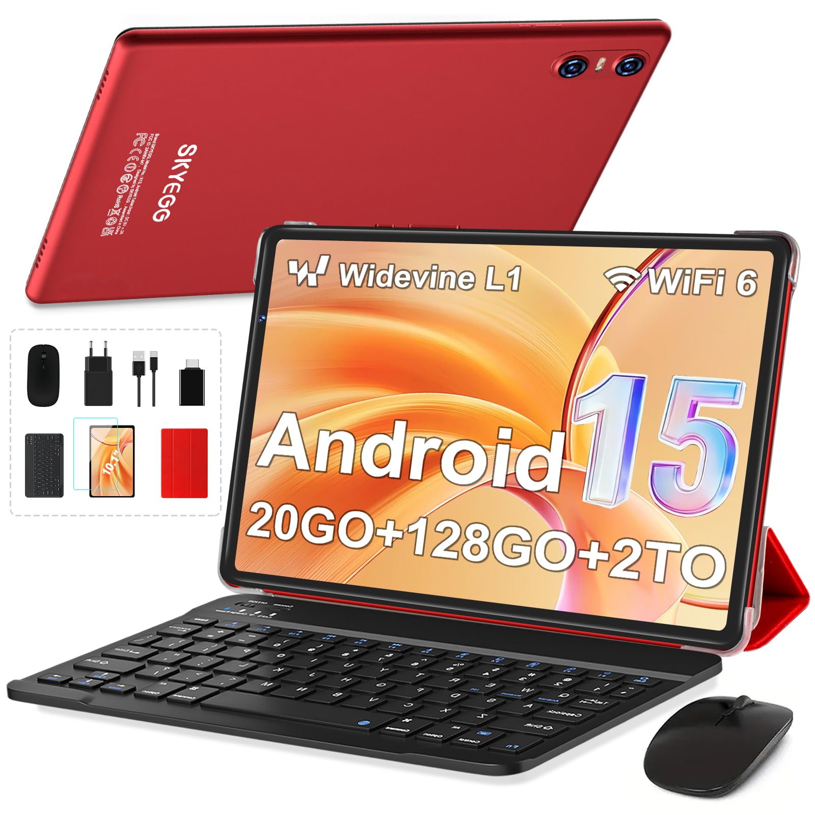 Tablet 10" 20GB RAM, Android 15, Conjunto Completo en Rojo