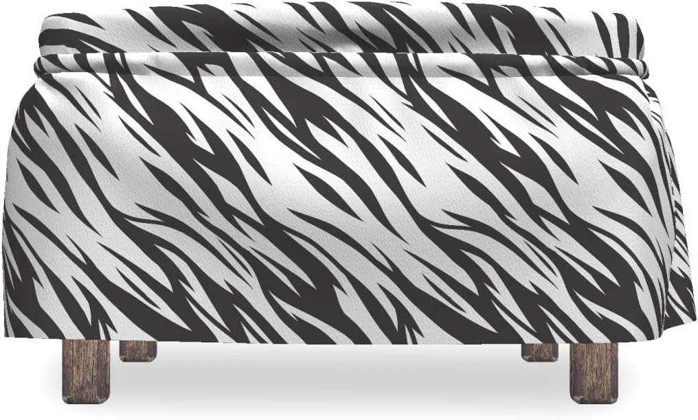 Ambesonne Zebra Print Ottoman Cover, Exotic Savanna Stripy, 2 Piece Slipcover Set with Ruffle Skirt for Square Round Cube Footstool Decorative Home Accent, Standard Size, Grey Charcoal