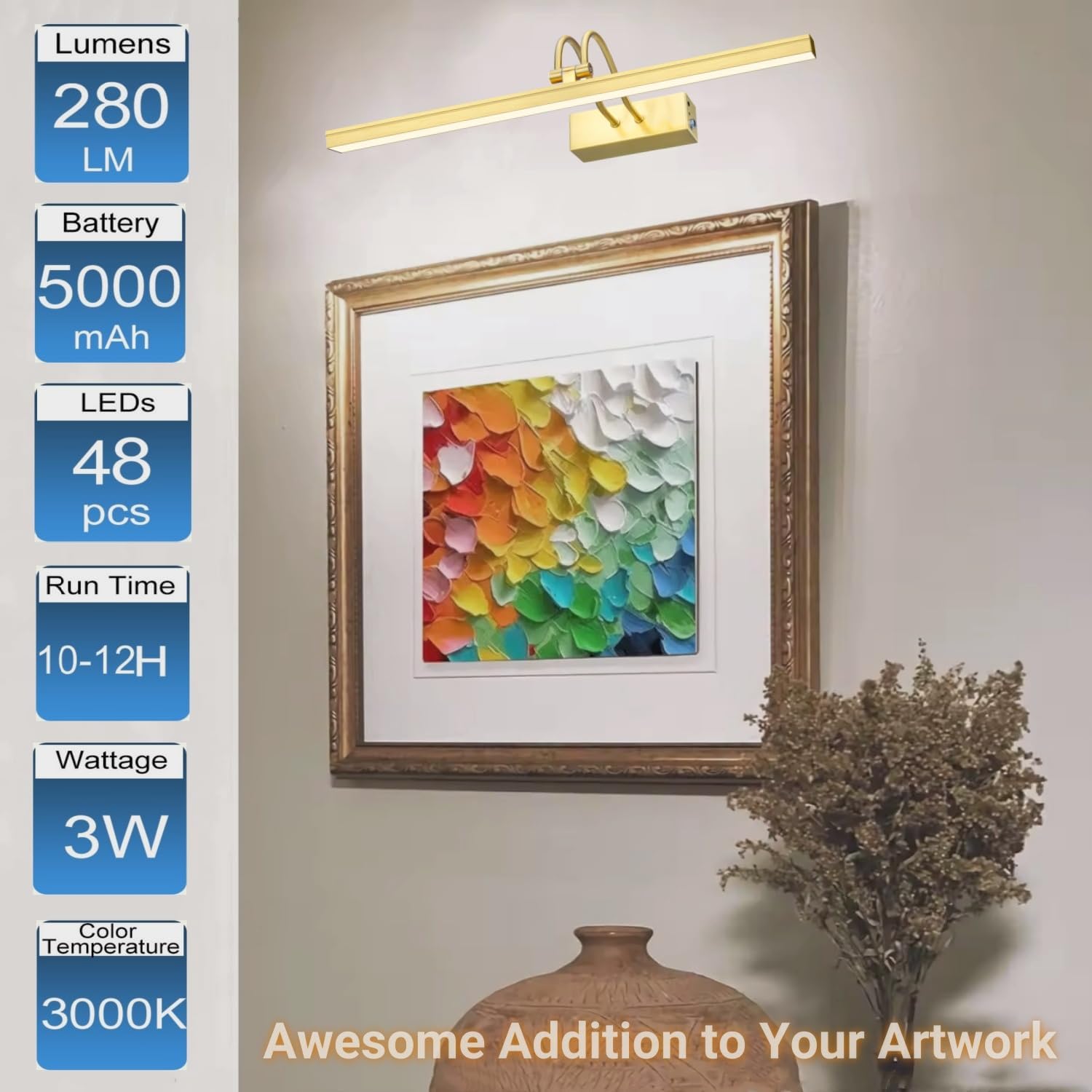 Picture Light Wireless, Rechargeable Gallery Light Battery Operated, 280LM Dimmable Art Lighting with Remote, 16" Metal Picture Lights for Wall, Paintings, Portrait, Photo (Brass)