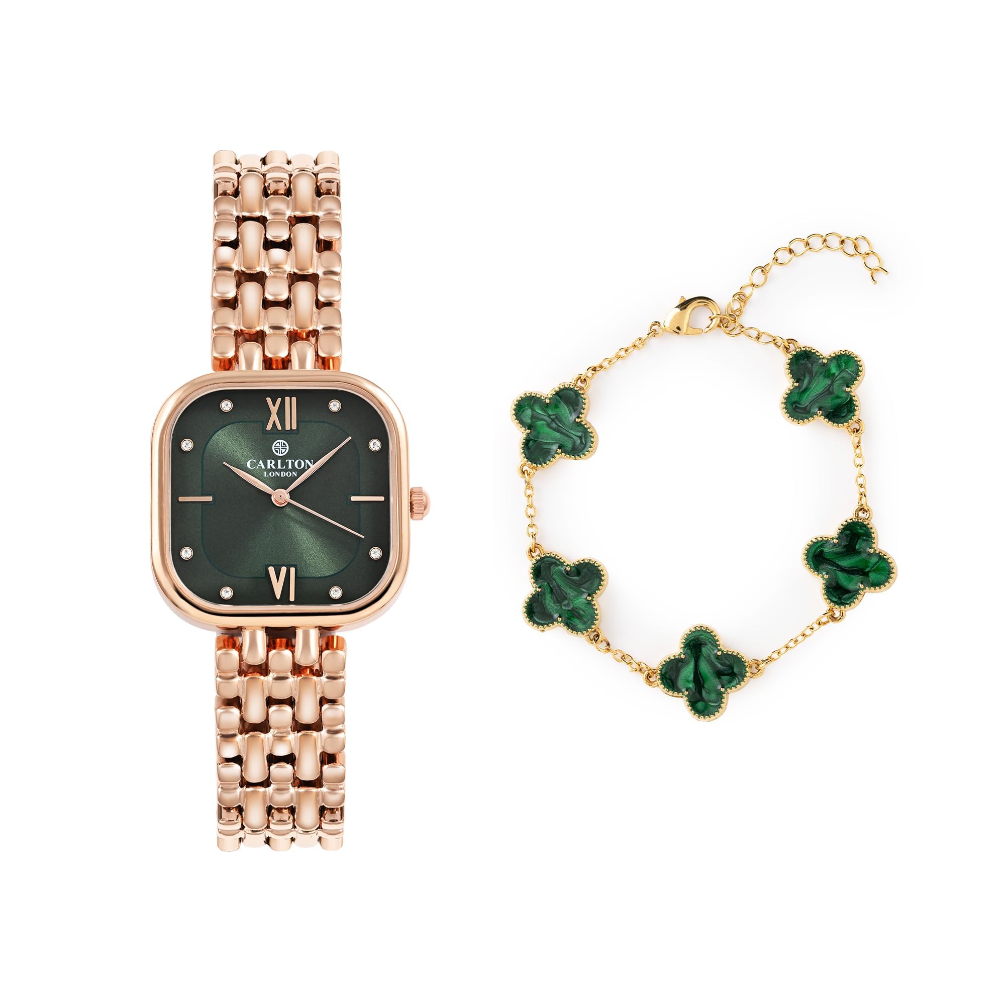 Carlton LondonGreen Dial Watch for Women - Stainless Steel, Premium, Stylish Wrist Watch with Golden Strap & Bracelet Set,Elegant Quartz Timepiece, Water Resistant, Luxury Square Watch Gift Set