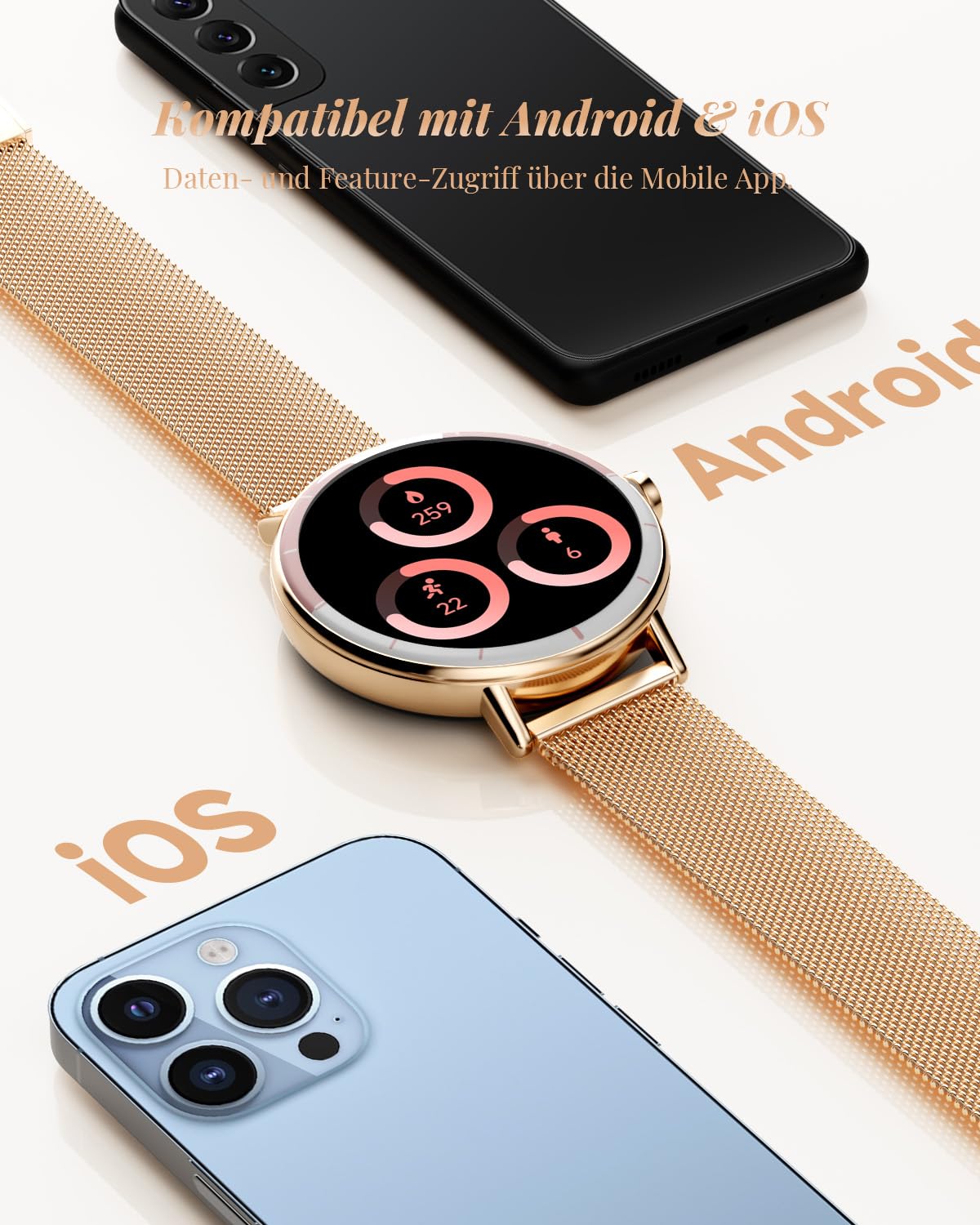 TOOBUR Smartwatch Damen, 40mm Schrittzähler Uhr Rund, Roségold | Fitness Sport Uhr mit Zwei Armbändern, Kompatibel mit Android und iOS, Anrufe Annehmen & Tätigen, IP68 Wasserdicht