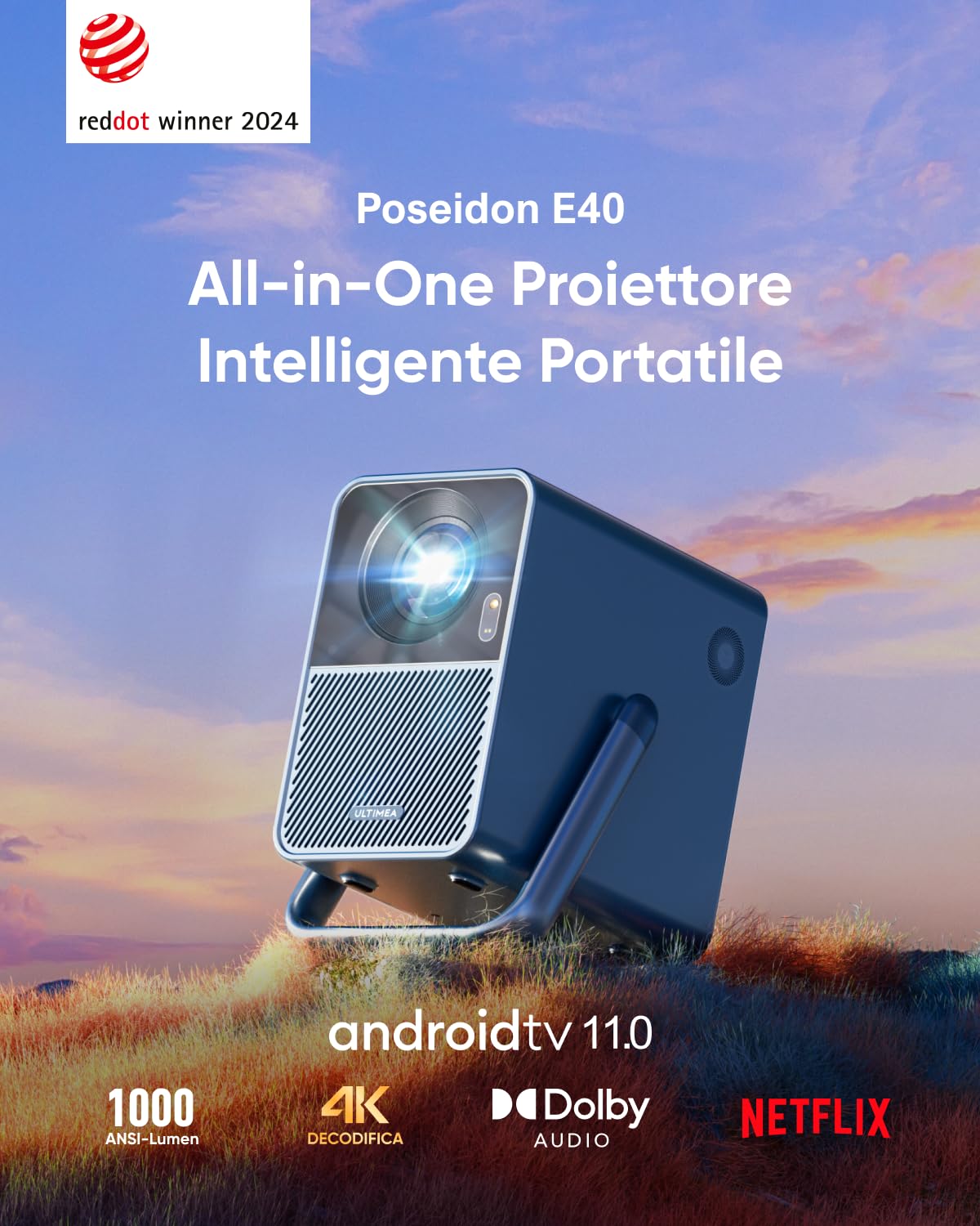 ULTIMEA Proiettore 4K Supporto Android TV 11.0 con Netflix, Videoproiettore 1000 ANSI Lumen, Dolby Audio, Bassi profondi, Design Maniglia, Home Cinema Portatile Proiettori 1080P Nativo, Poseidon E40