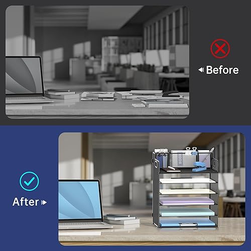 Miniatura 5 de SUPEASY Organizador de escritorio de 6 niveles con asa y 3 soportes para bolígrafos, organizador de papel de mallaarchivos para escritorio,