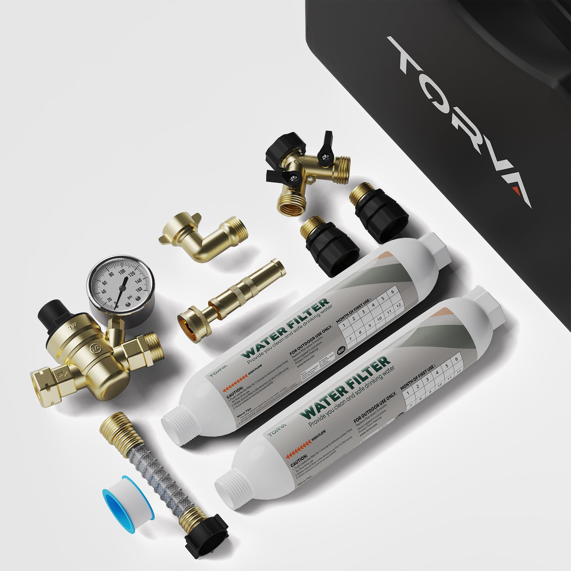 TORVA Mangueras de agua y accesorios para camping, kit de agua dulce todo en uno, sin BPA, incluye cartucho de filtro de agua para caravana, divisor de manguera y conectores, accesorios esenciales