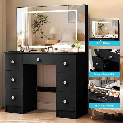 Miniatura 23 de Escritorio pequeño de tocador con espejo y luces, tocador de maquillaje con 6 cajones, 6 estantes y espejo LED deslizante, 3 modos de luz ajustable,