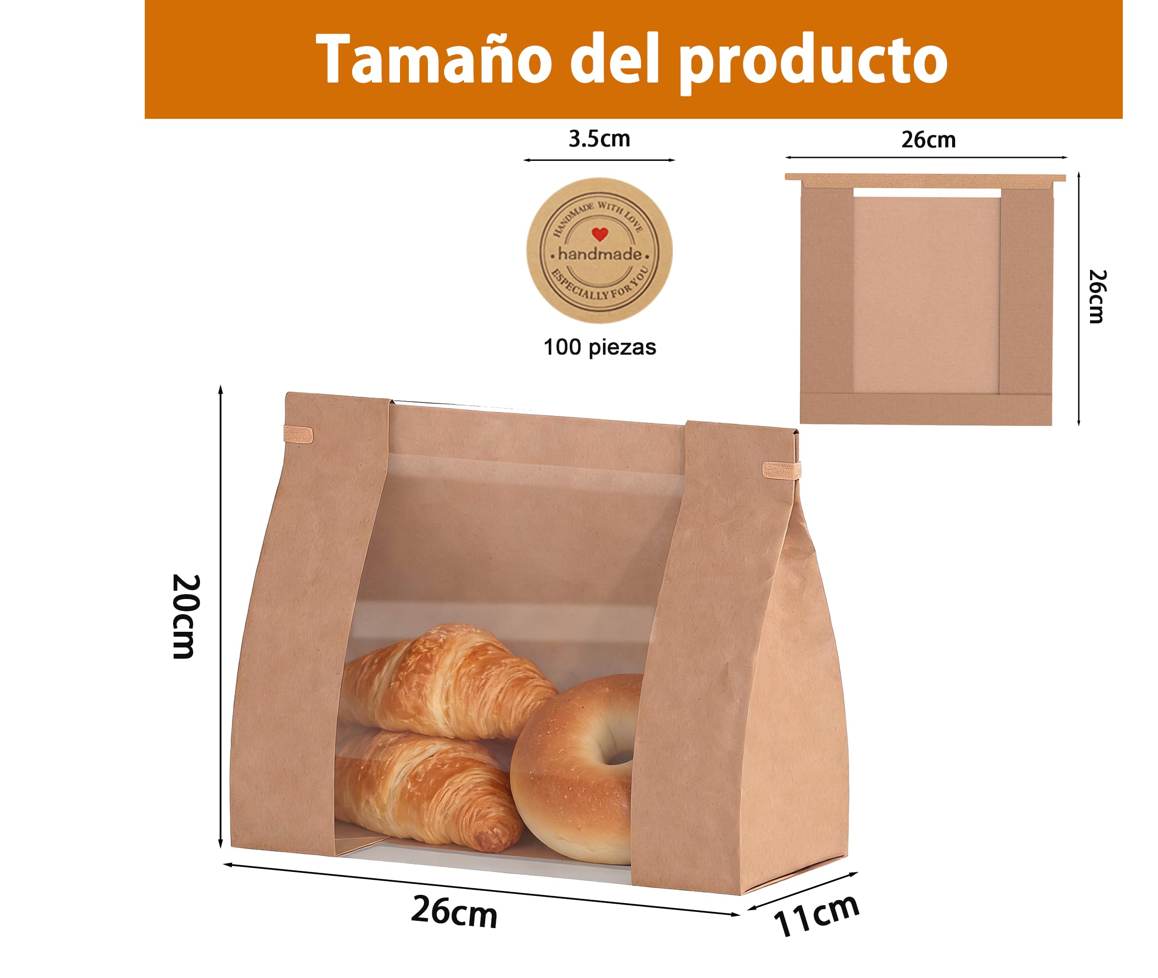 Lote de 100 Bolsas de Papel para Pan Casero, Bolsas de Panadería con Ventana Transparente, 26x11x26cm Bolsas Papel Kraft con Cierre de Alambre y Pegatinas para Tostadas, Galletas y Dulces | Bolsas de papel kraft plegables con ventana y pegatinas, 80 g/m²,