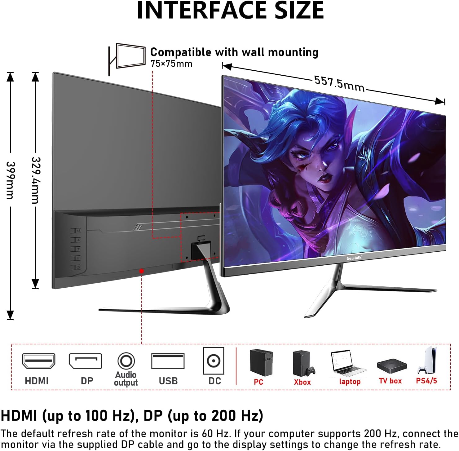 Diagram showing monitor dimensions and available ports: HDMI, DisplayPort, Audio Out, USB, DC