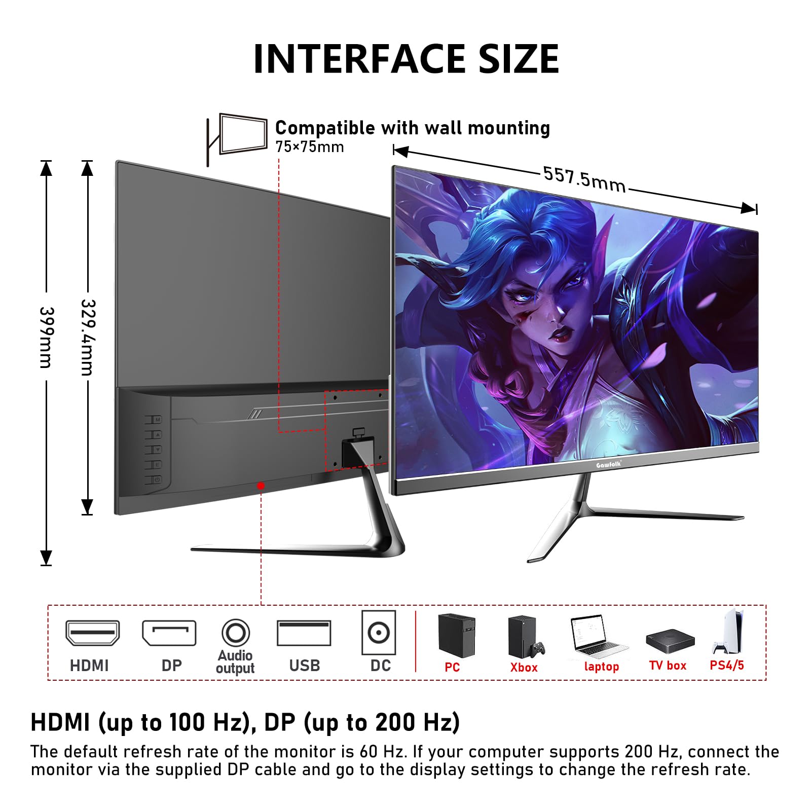Gawfolk Monitor para juegos de PC de 24.5 pulgadas, 300 Hz, pantalla FHD 1080p, sincronización adaptativa, 1 ms sin bisel, 98% sRGB, vista de ángulo de 178°, HDMI, DisplayPort, compatible con montaje