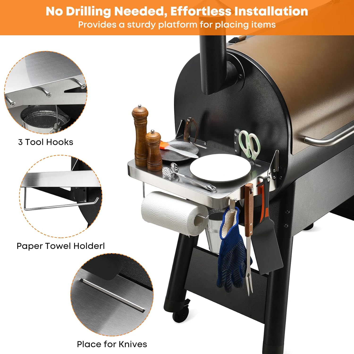 Stanbroil Folding Front Shelf and Stainless Grill Side Shelf Fits Traeger Pro 34, Grill Accessories to Add Storage Space