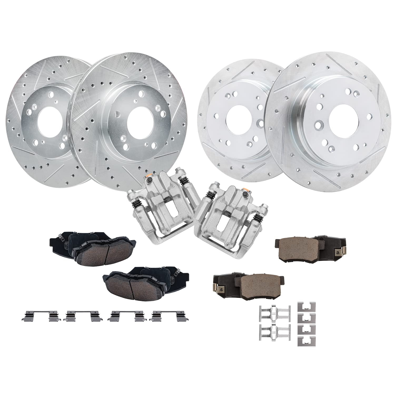 Detroit Axle - Brake Kit for 2003-2011 Honda Element, Rear Brake | Calipers and Front Rear Drilled &amp; Slotted Brakes Rotors Ceramic Brake Pads 2004 2005 2006 2007 2008 2009 2010 Replacement