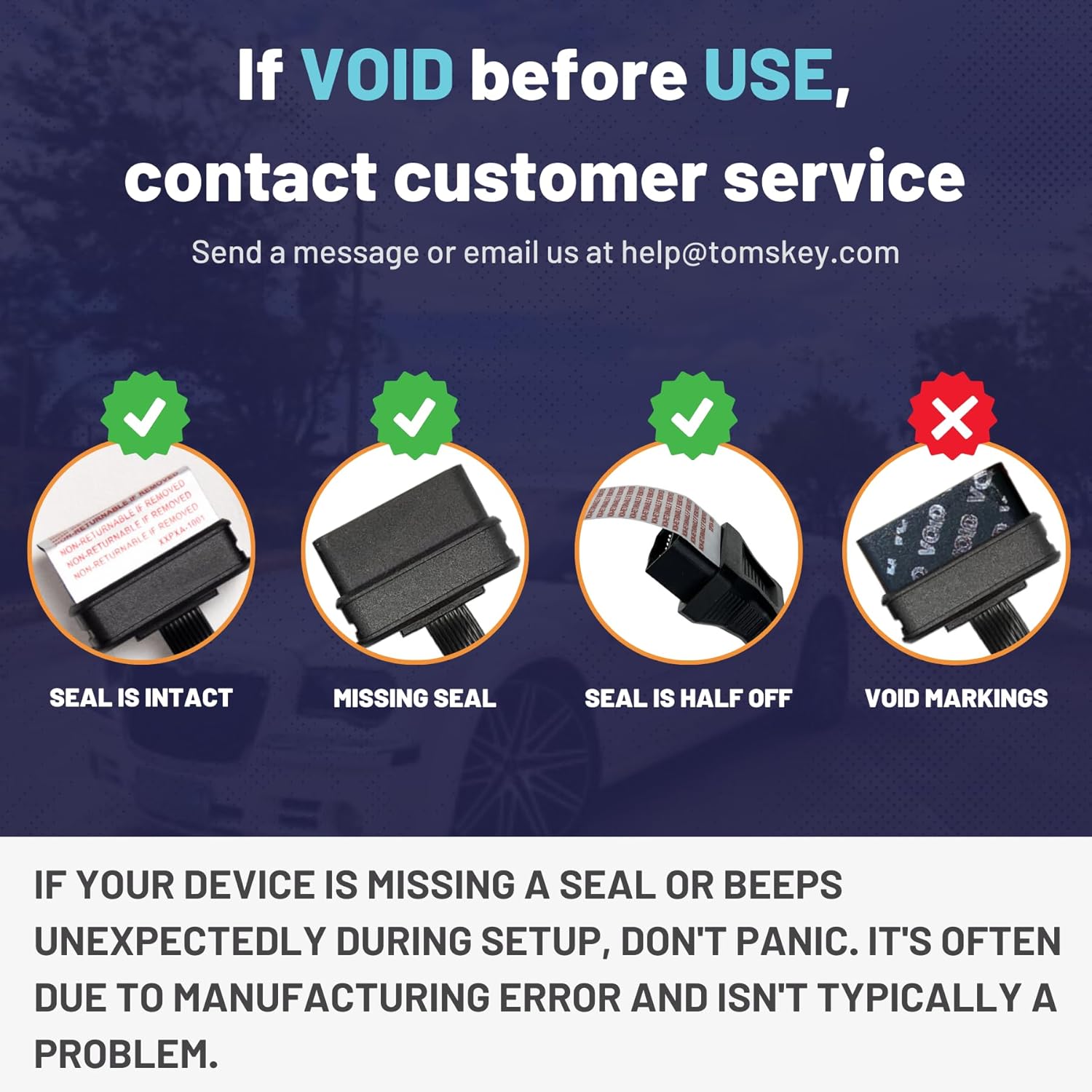 Images showing intact, missing, half-off, and voided security seals