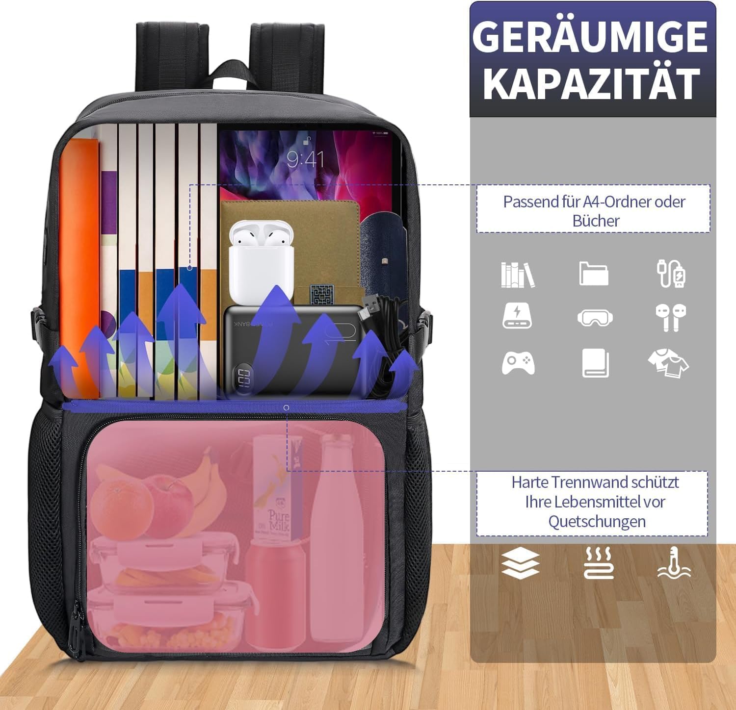 BERTASCHE Zaino da pranzo con scomparto termico isolato, 17,3 pollici, zaino per computer portatile da uomo, tattico, lavoro, scuola, picnic, viaggi, nero