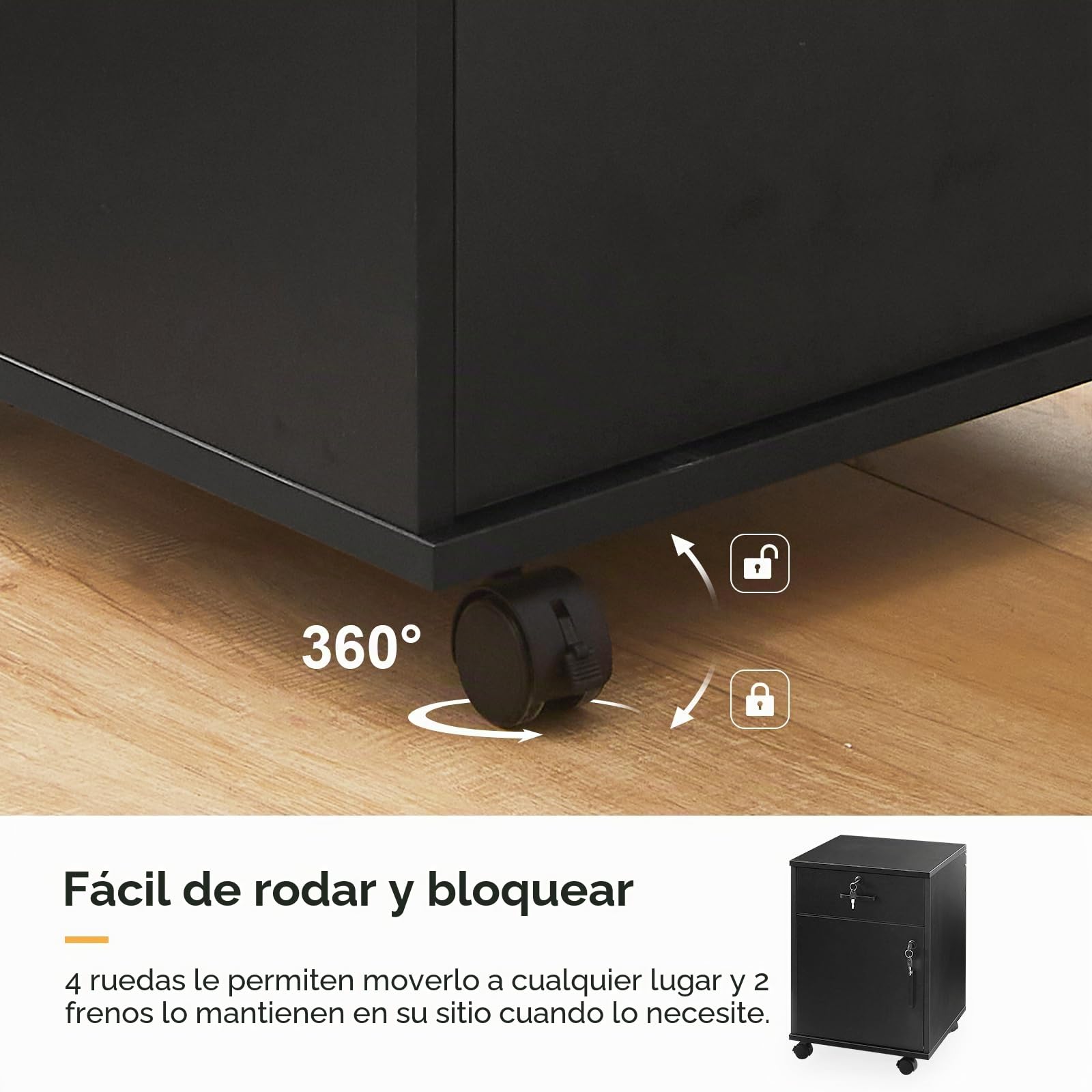 TUKAILAI Cajonera con ruedas, con cerradura, armario de oficina con cajones, armario de oficina con ruedas, compartimentos para muebles de oficina, 40 x 40 x 57 cm, color negro
