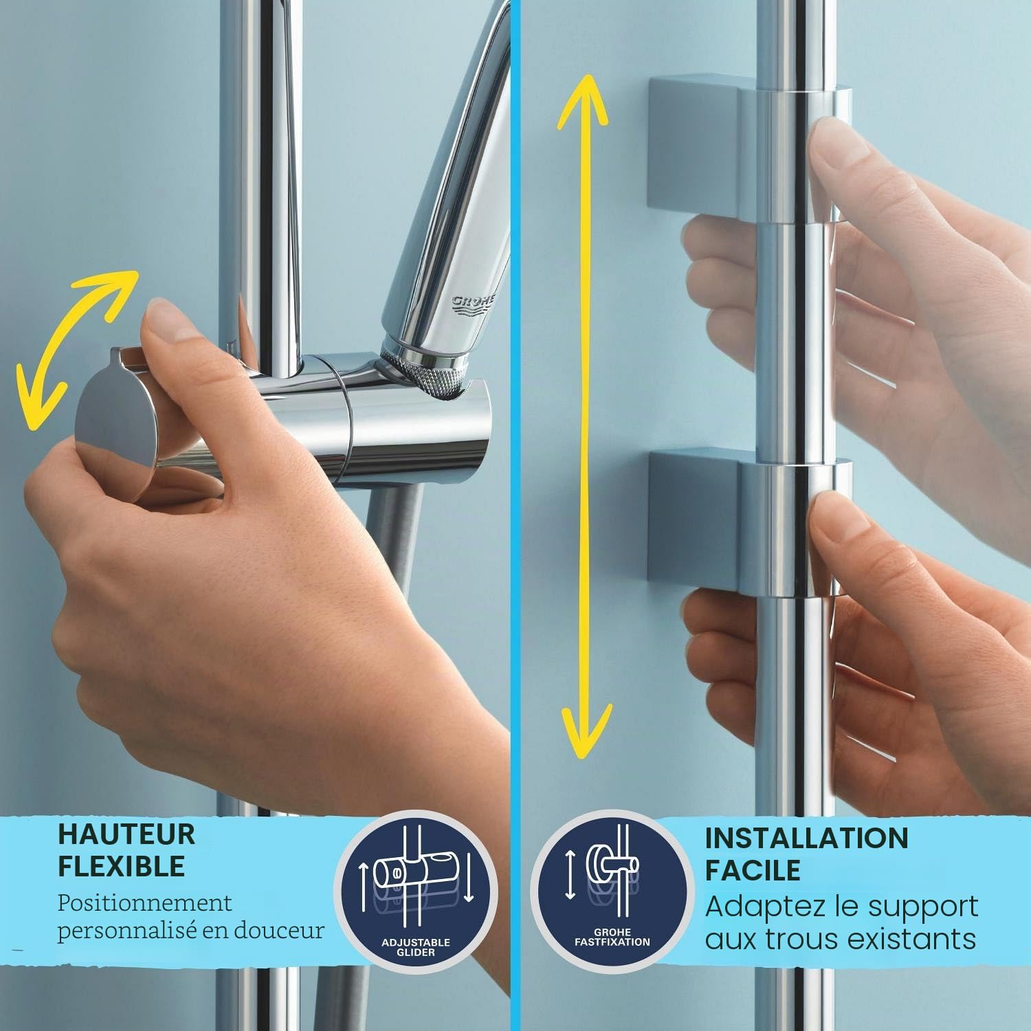 GROHE Colonne de douche avec mitigeur thermostatique Vitalio System 310, tablette incluse, tête de douche 310mm, barre orientable, douchette Vitalio Joy 310 3 jets, chromé, 26401001 (Import Allemagne)