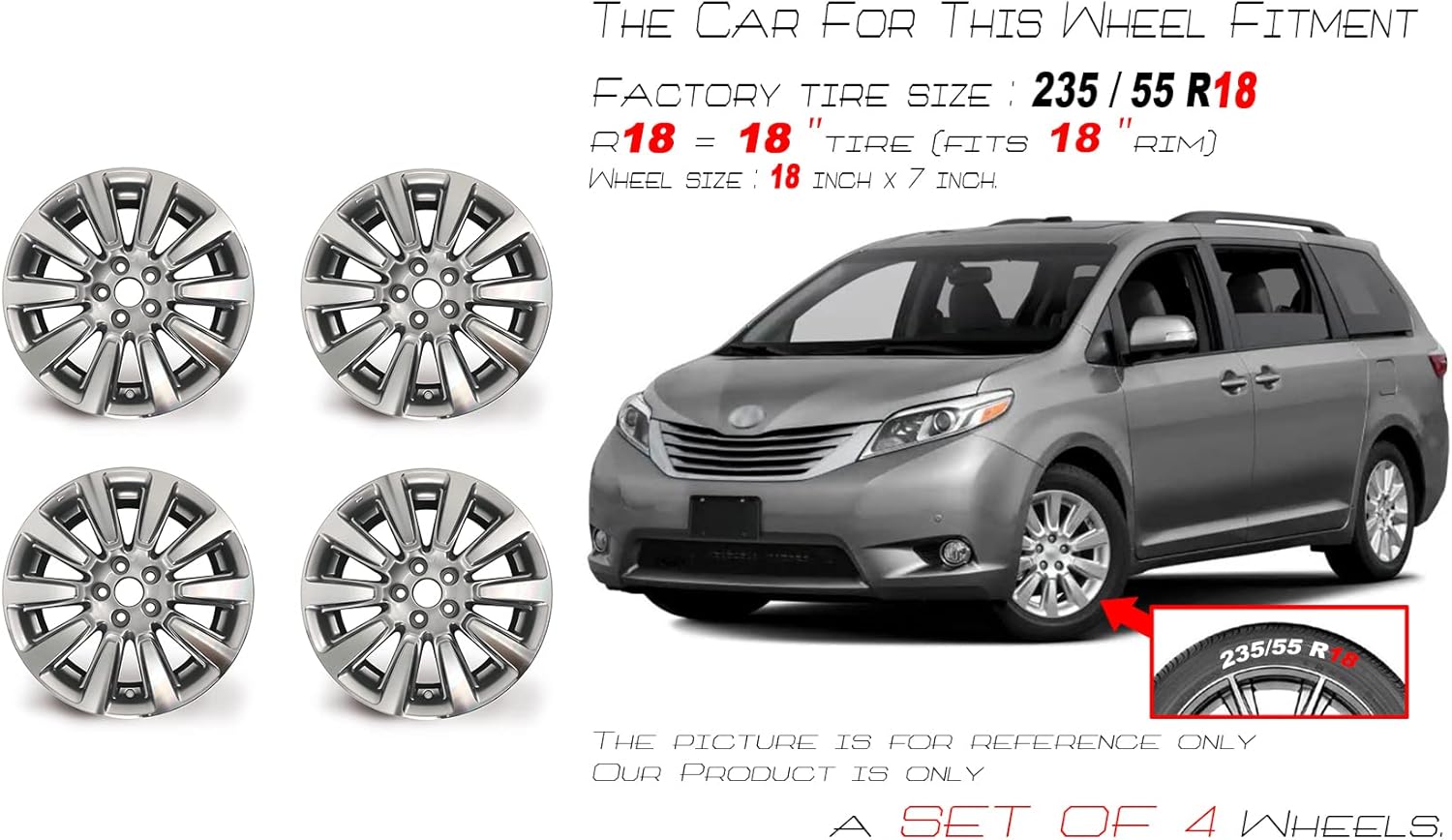 SET OF 4 New 18" 18x7 Alloy Wheels for Toyota Sienna 2011-2020 Machined Silver OEM Design Replacement Rim