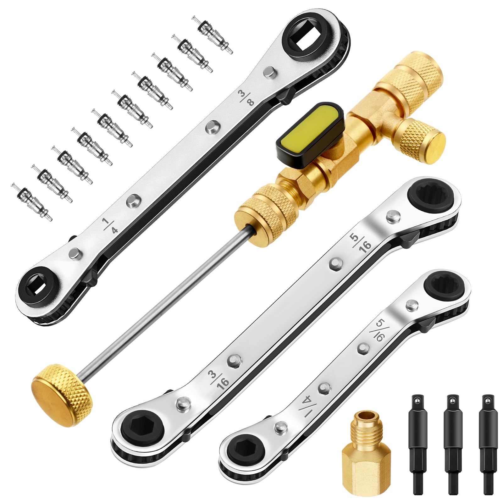 Gisafai Valve Core Remover Installer Tool with Refrigeration Repair Wrench Set Dual Size 3/8" 1/4" 5/16" Port Service Ratchet Wrench with Hex Bit Adapter and Valve Core