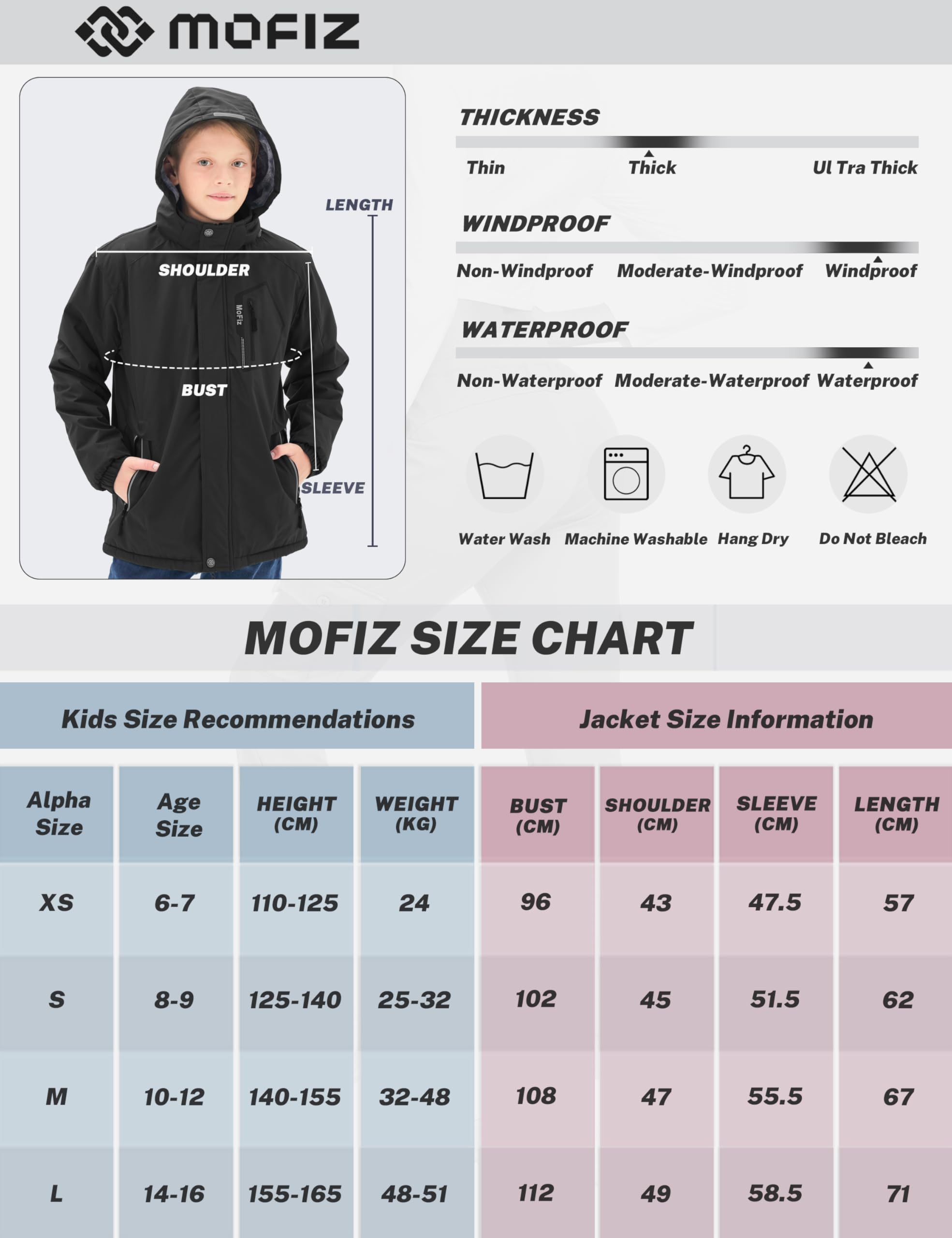 MoFiz Giacca da Sci Bambini Invernale Cappotto in Pile Caldo da Neve Impermeabile Antivento Giacche Ragazzi con Cappuccio Rimovibile