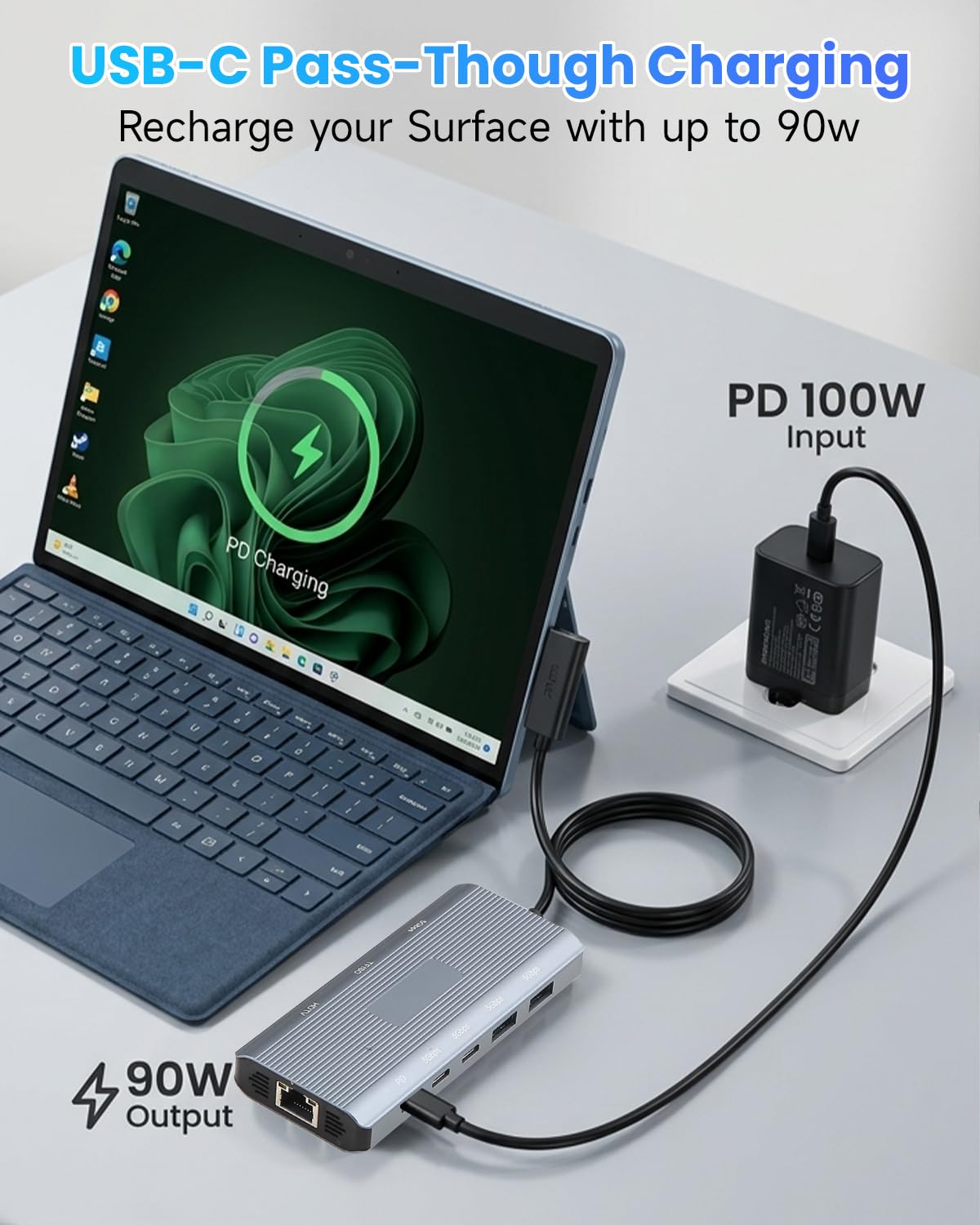 10-en-1 MS Surrface Dock 2-Station d'accueil Surrface,HDMI 4K@60Hz | Ethernet Gigabit,3xUSB 3.0,2xUSB-C 3.0,1xUSB-C PD,SD/TF,pour MS Surface Pro 11/10/9/8/X/7/6/5,Surface Laptop, Book