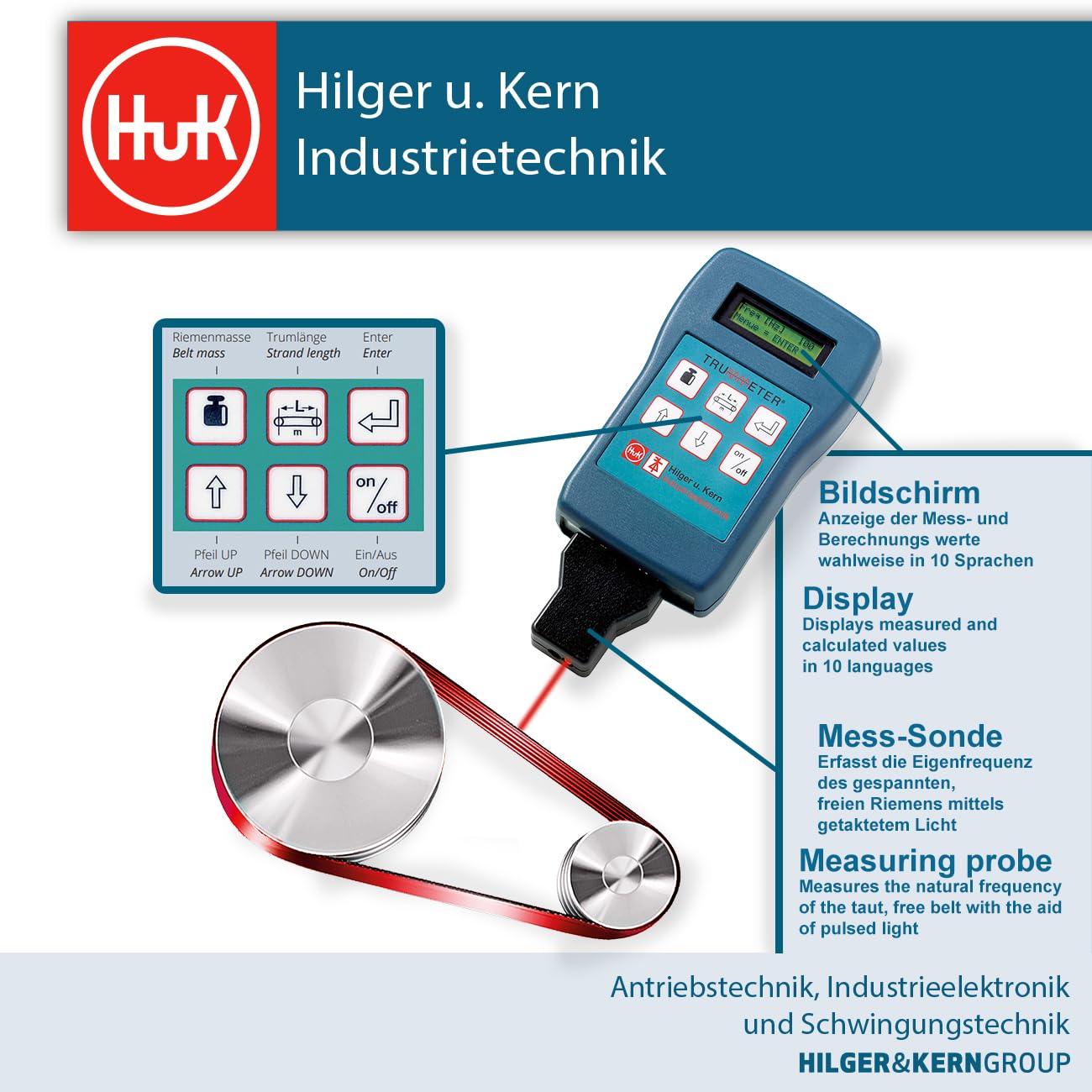 TRUMMETER® miernik napięcia pasowego, zakres pomiarowy 10-800 Hz, dwie linie LCD, 10 języków dostępnych, z sondą pomiarową kabla, sondą wtykową, pamięcią USB, walizka transportowa ABS