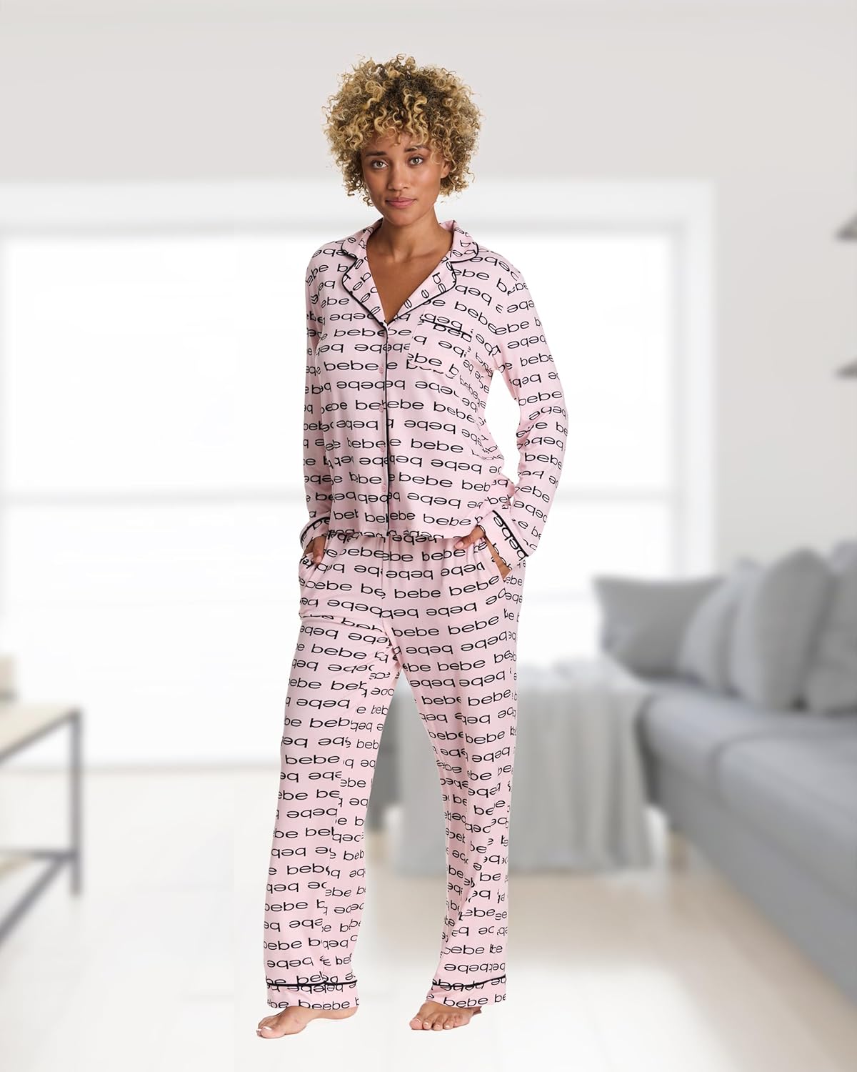 bebe Button Down Pajamas for Women, Long Sleeve Button Up Pajamas with Pants, Ladies Sleepwear PJ Set - Image 2