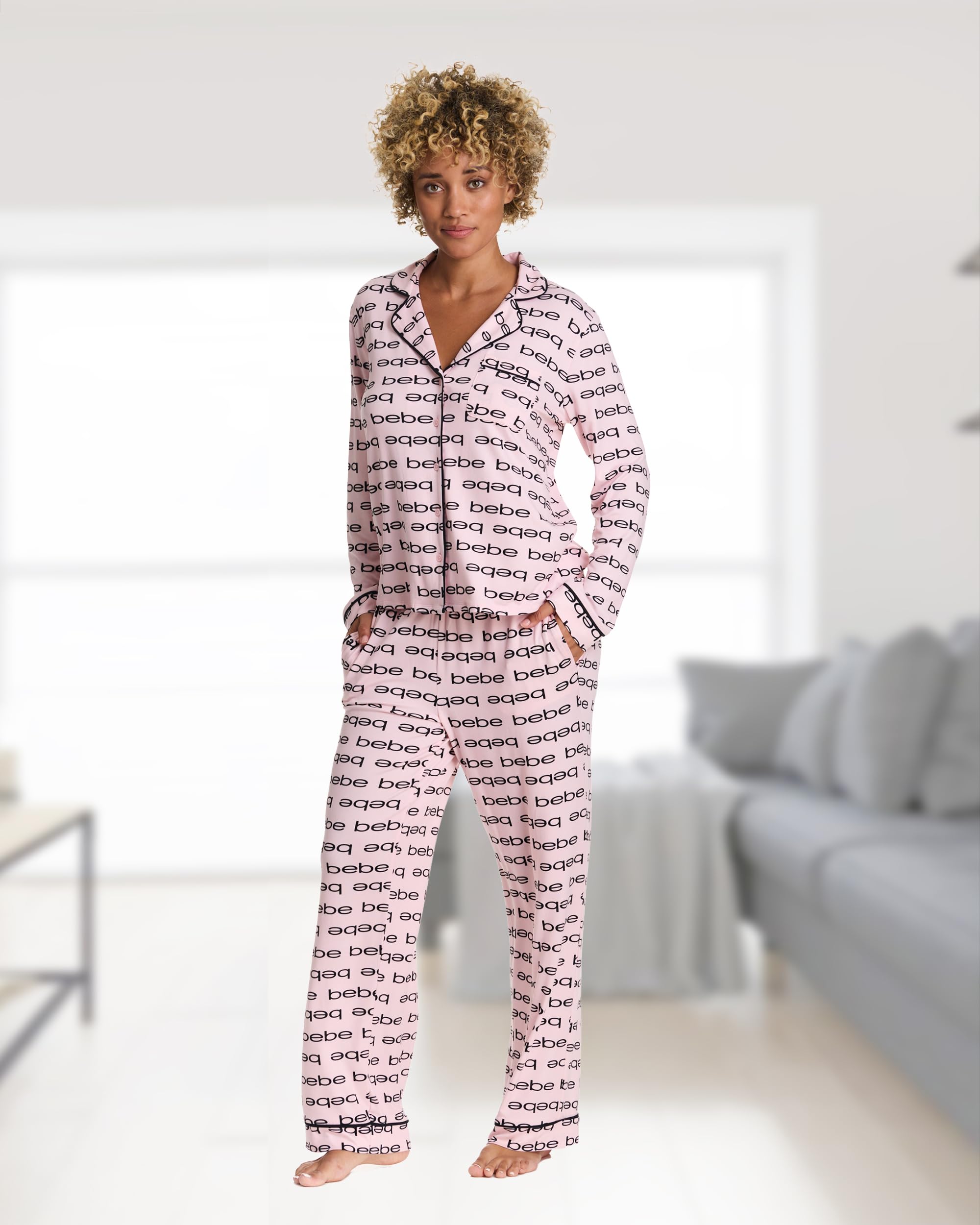 bebe Button Down Pajamas for Women, Long Sleeve Button Up Pajamas with Pants, Ladies Sleepwear PJ Set (Rose Shadow, Large)