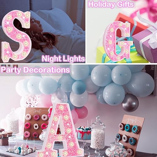 Miniatura 6 de Letras con luces LED de marquesina, letras del alfabeto de diamantes rosas iluminadas, letras de marquesina con purpurina, decoración de baby shower